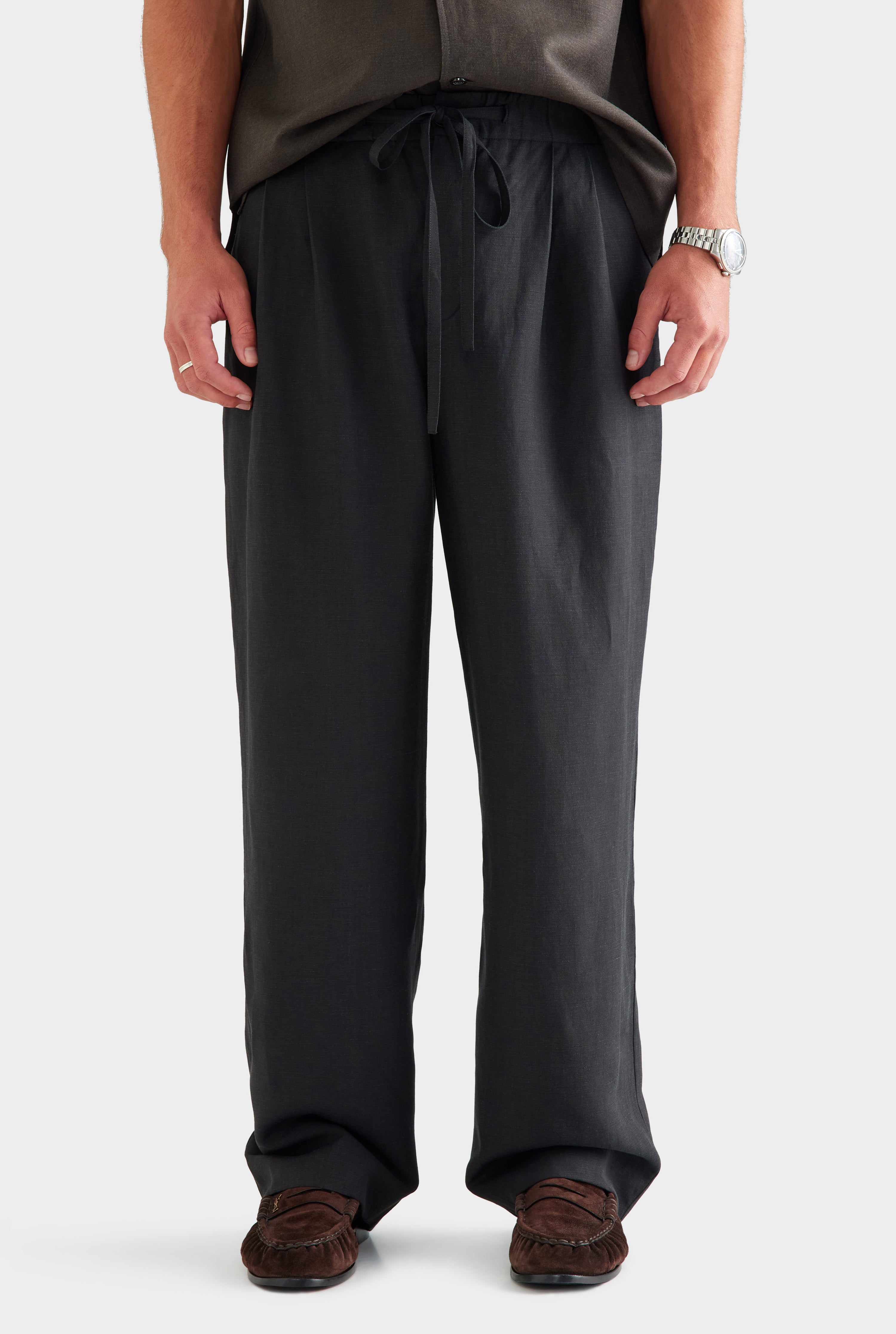Wool Linen Relaxed Pant - Black [[SU26 - MENS - D3 - 32134 - Wool Linen Camp Collar Shirt - Cacao - 35075 - Wool Linen Relaxed Pant - Black_0711_R.jpg]]