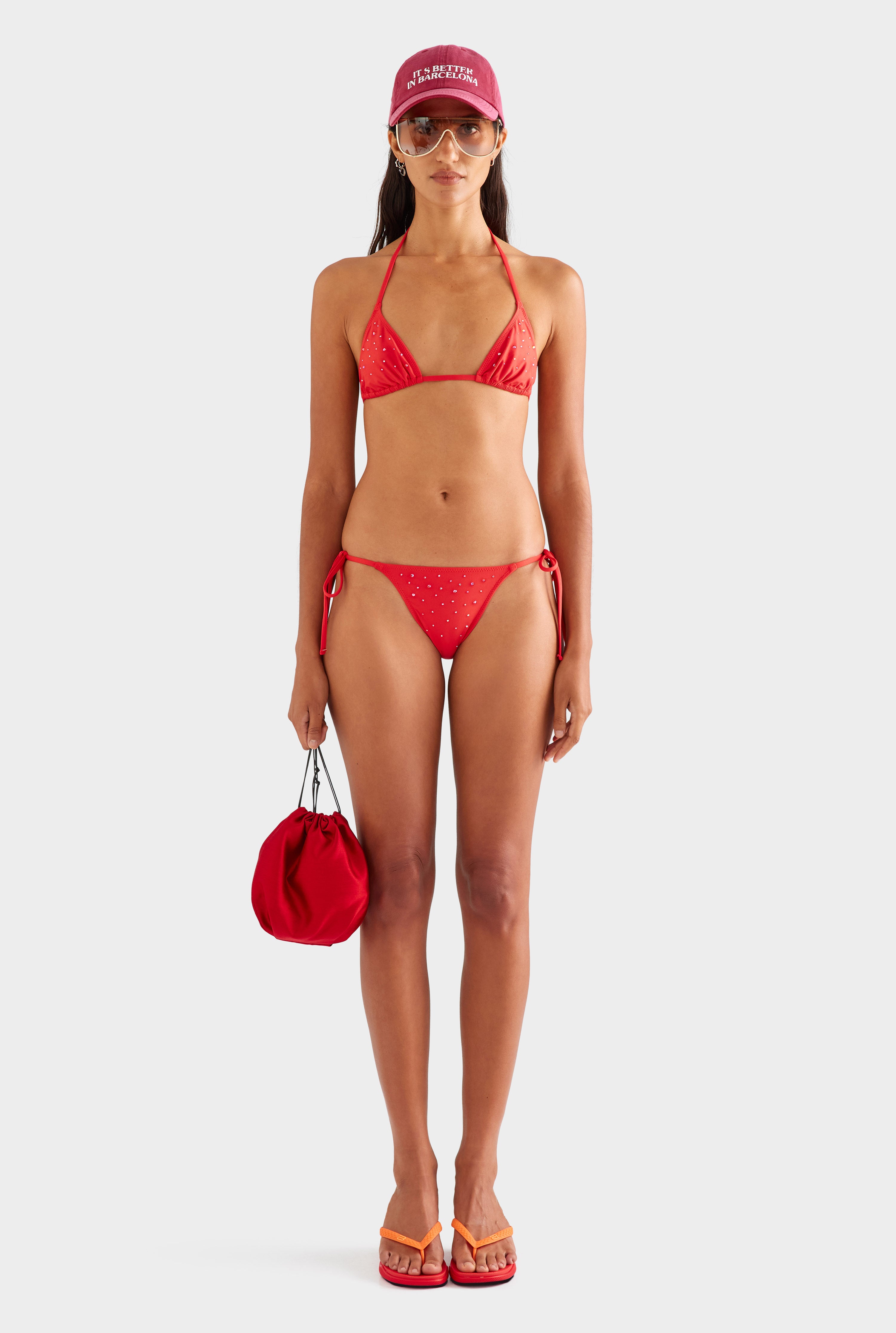 Tie Side Bikini Brief - Red/Hotfix Crystals