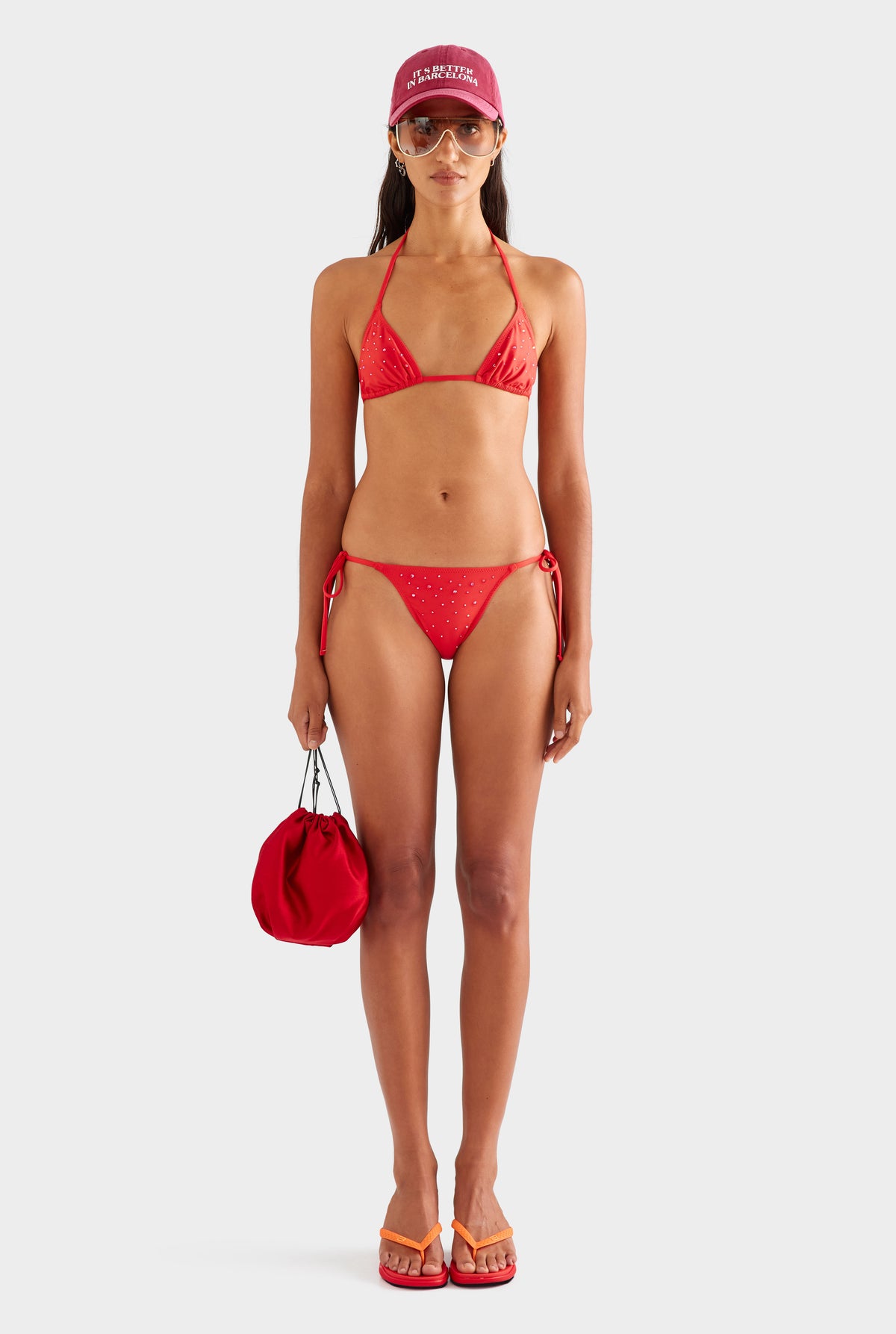 Tie Side Bikini Brief - Red/Hotfix Crystals
