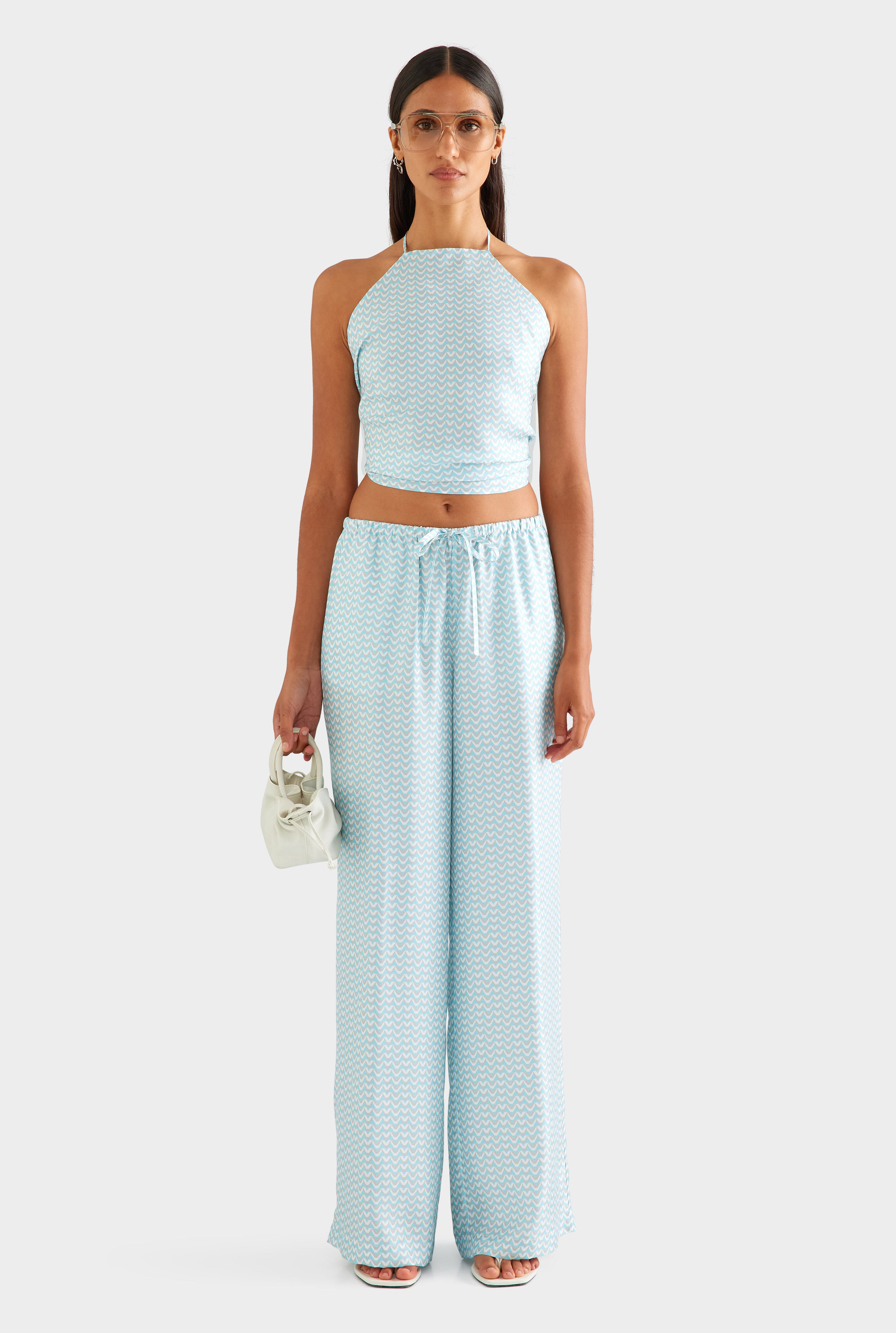 Relaxed Silk Drawstring Pant - Ice Blue/Silver V Monogram