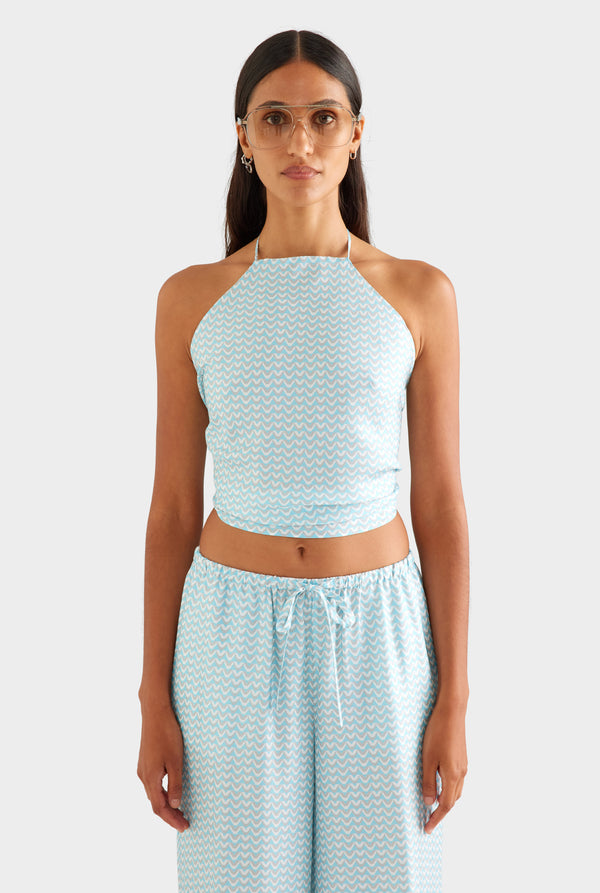 Silk Scarf Halter Top - Ice Blue/Silver V Monogram