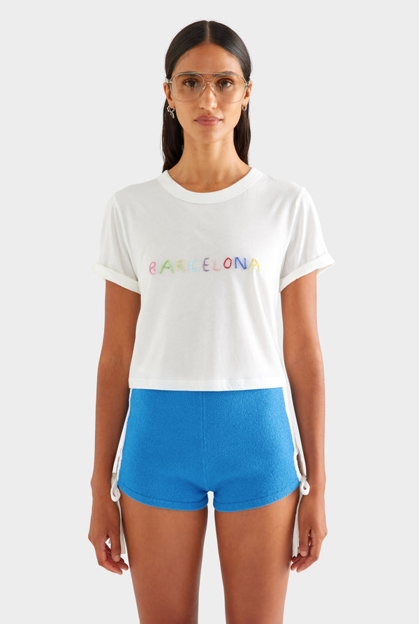 Beaded Lightweight Rolled Sleeve Tee - White/Barcelona
