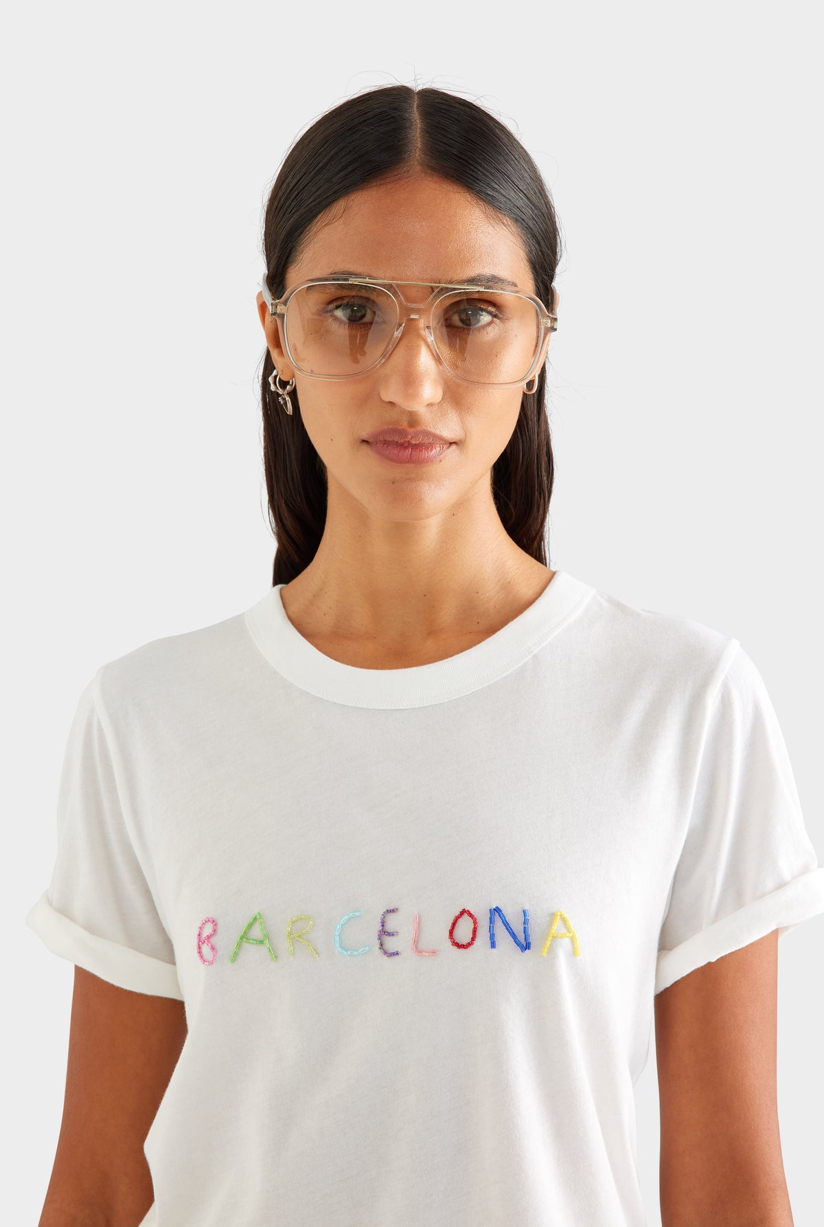 Beaded Lightweight Rolled Sleeve Tee - White/Barcelona