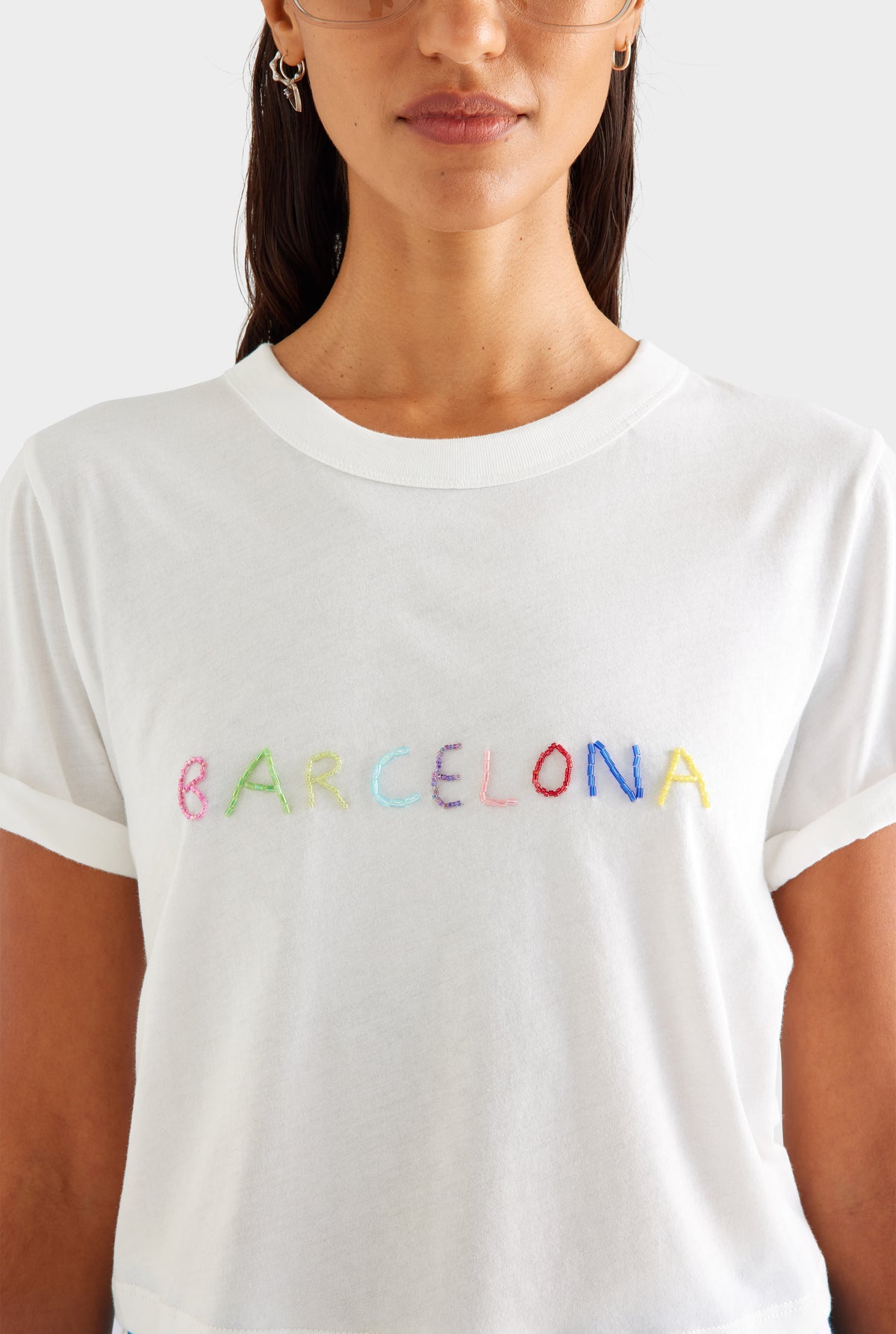Beaded Lightweight Rolled Sleeve Tee - White/Barcelona