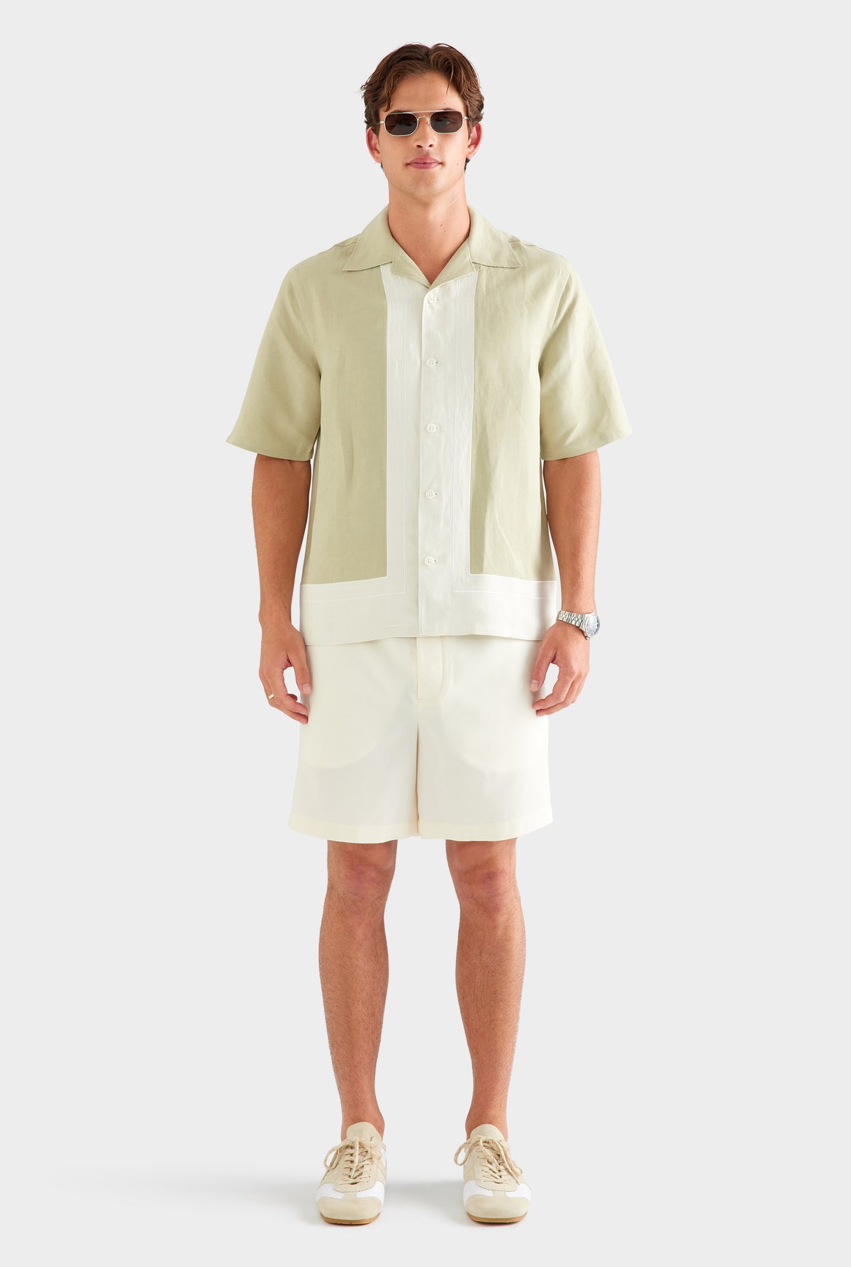 Applique Border Silk Linen Shirt - Stone Green/Cream
