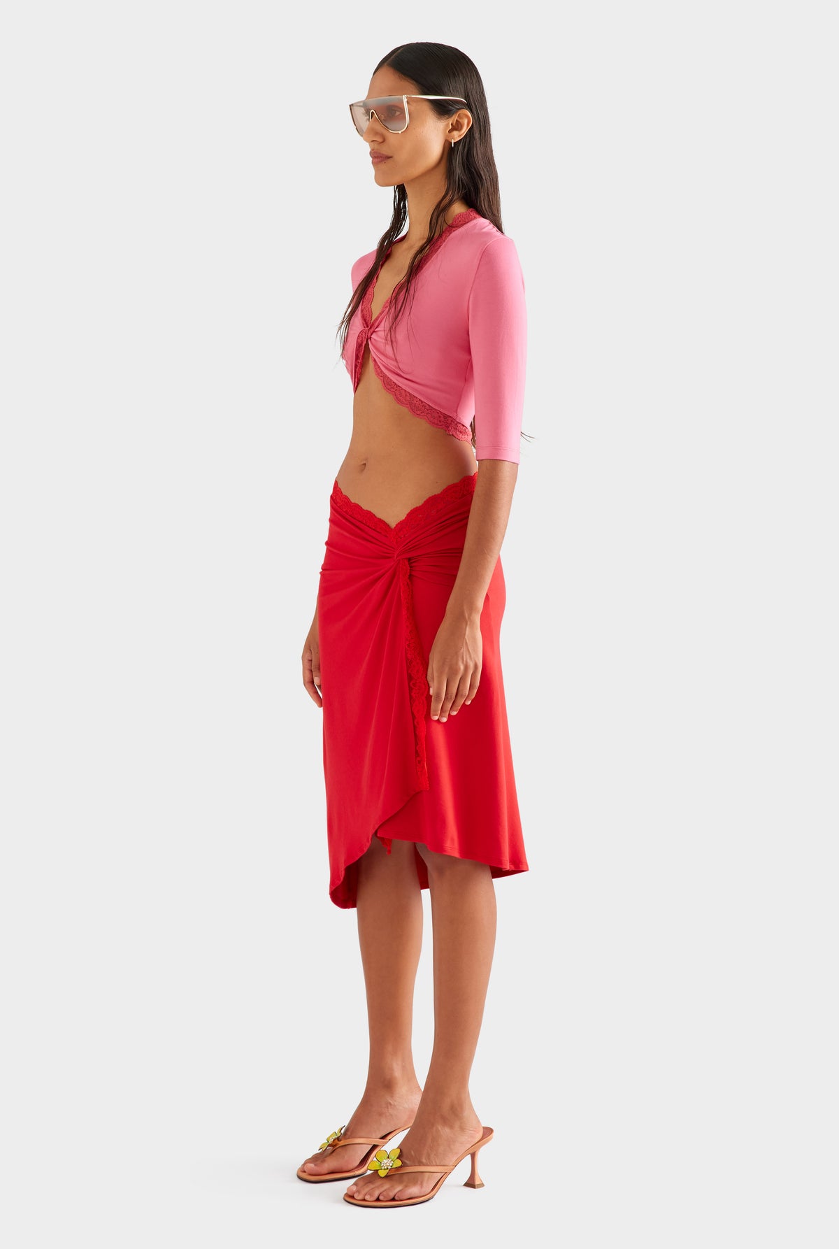 Lace Twist Midi Skirt - Catalan Red