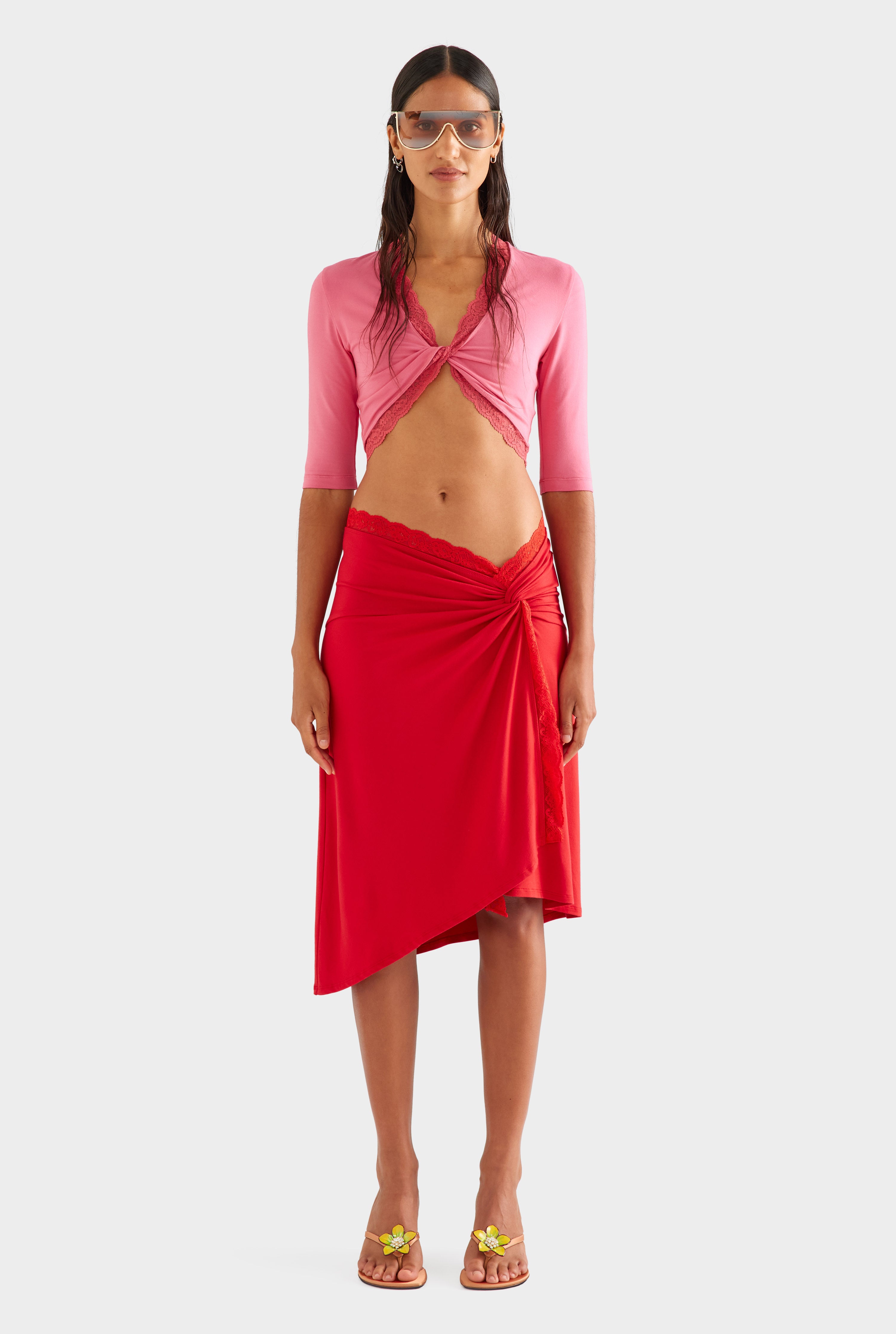 Lace Twist Midi Skirt - Catalan Red
