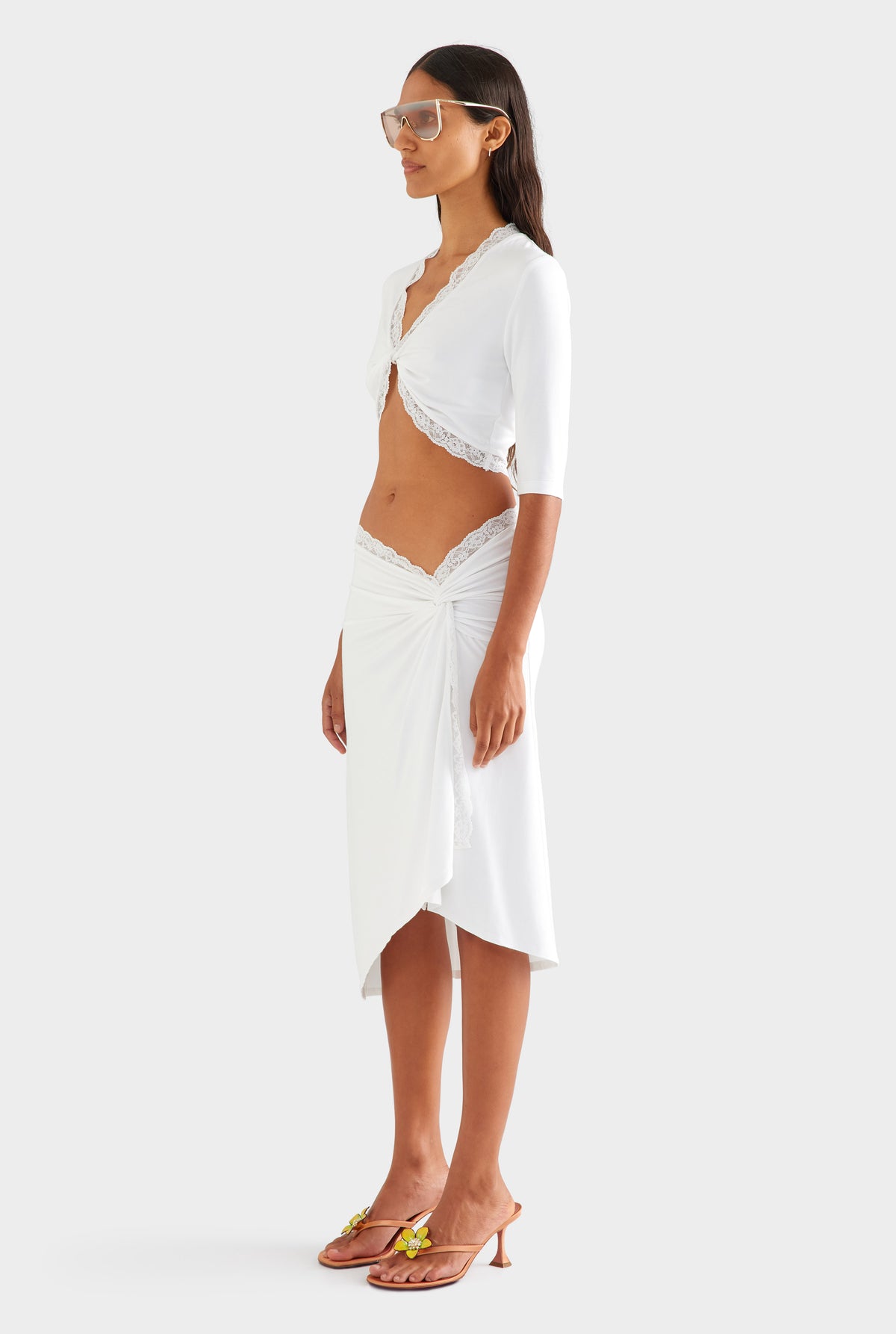 Lace Twist Midi Skirt - White