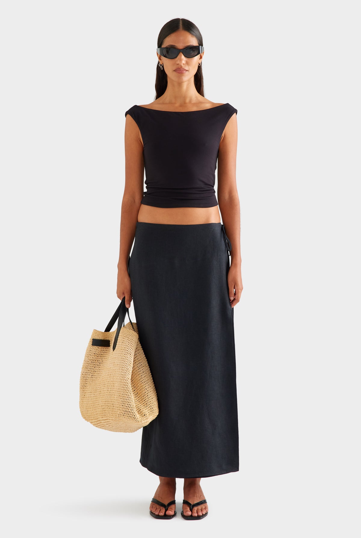 Linen Wrap Maxi Skirt - Black