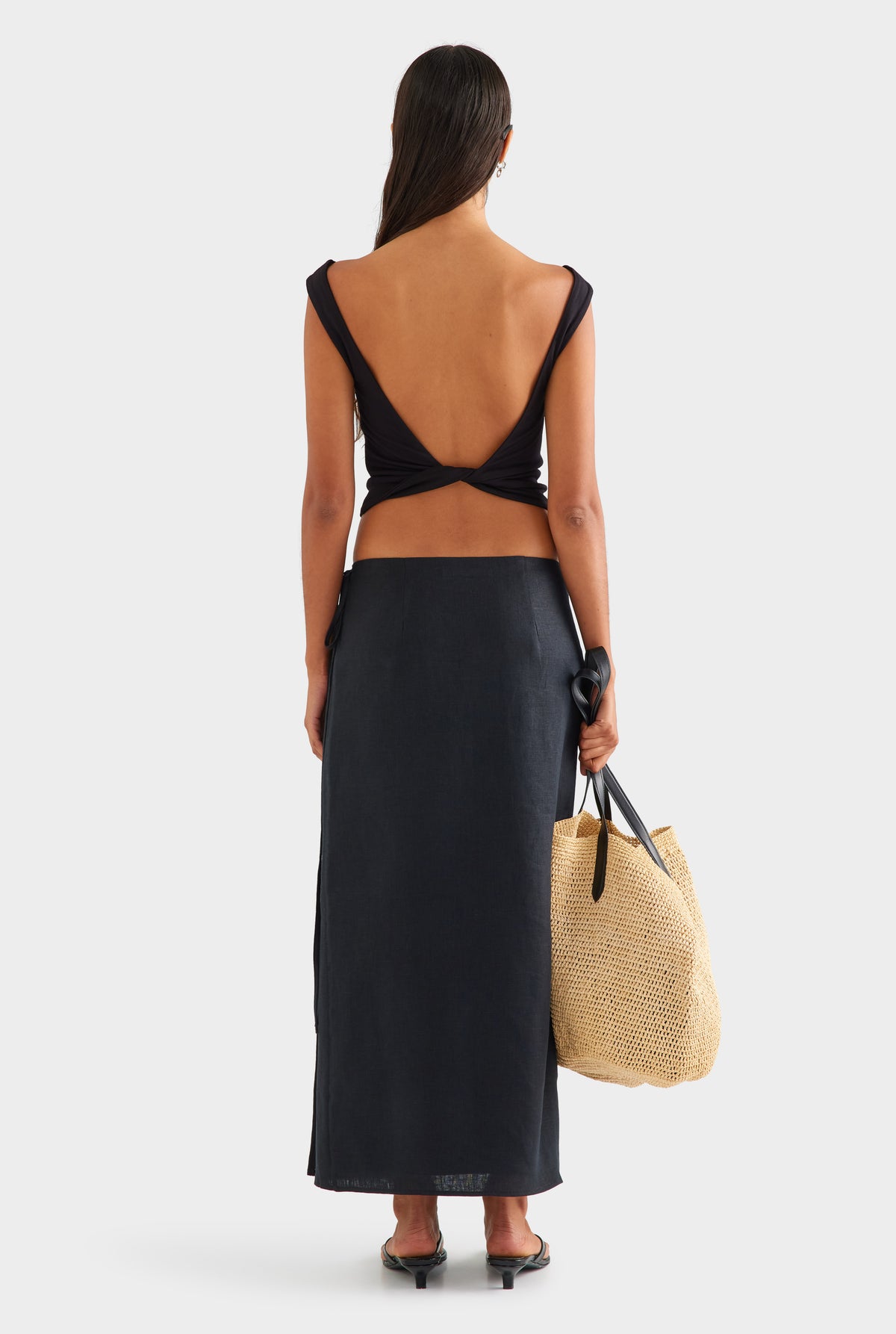 Linen Wrap Maxi Skirt - Black