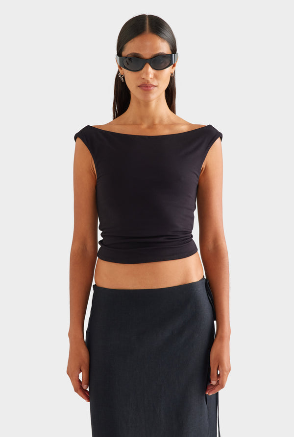 Twist Back Boat Neck Top - Black