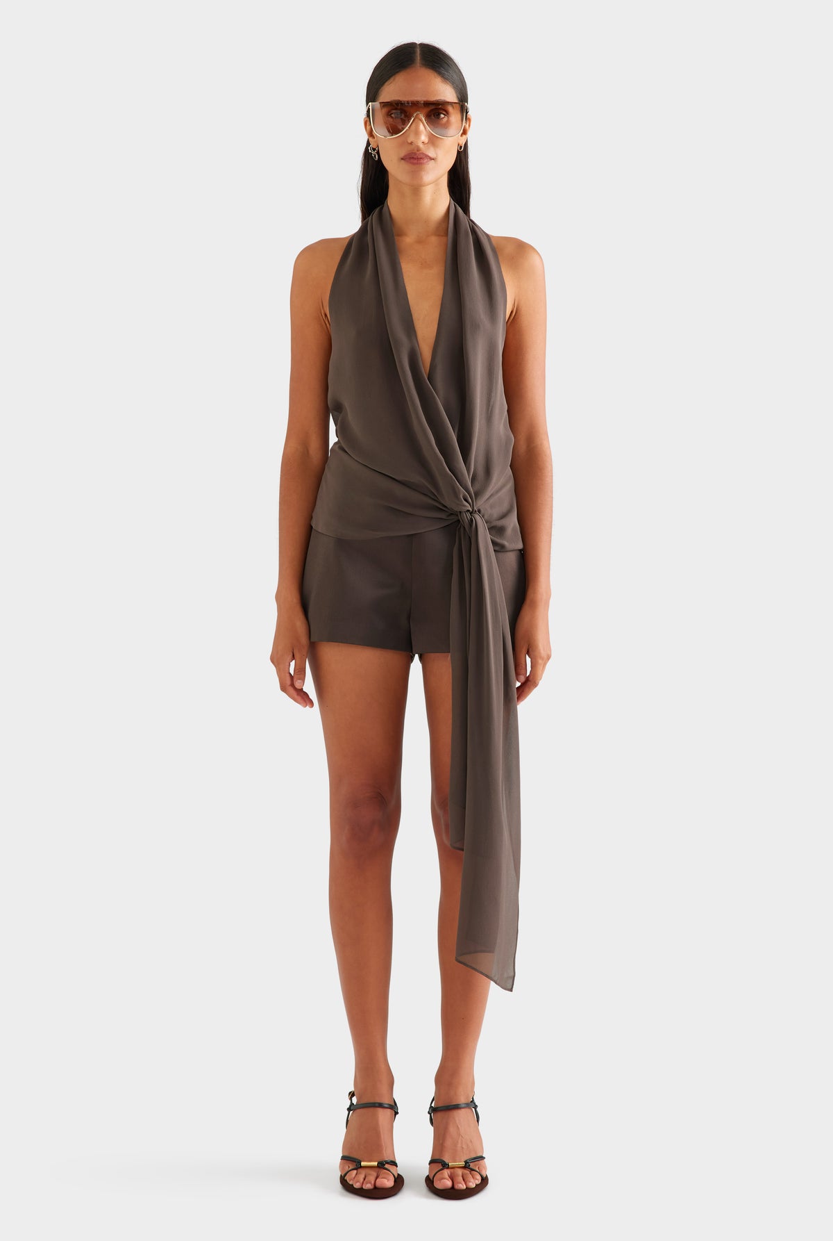 Silk Belted Draped Top - Cacao