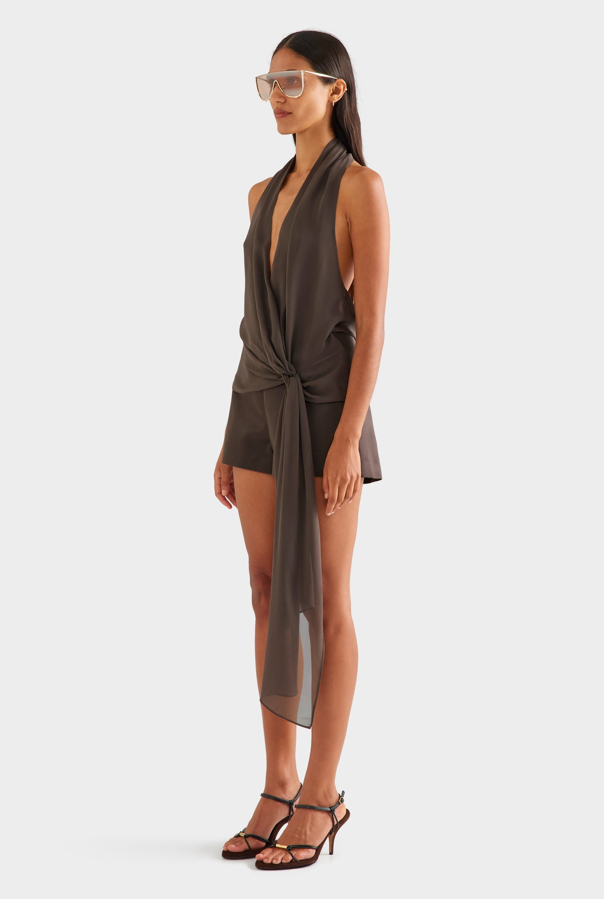 Silk Belted Draped Top - Cacao
