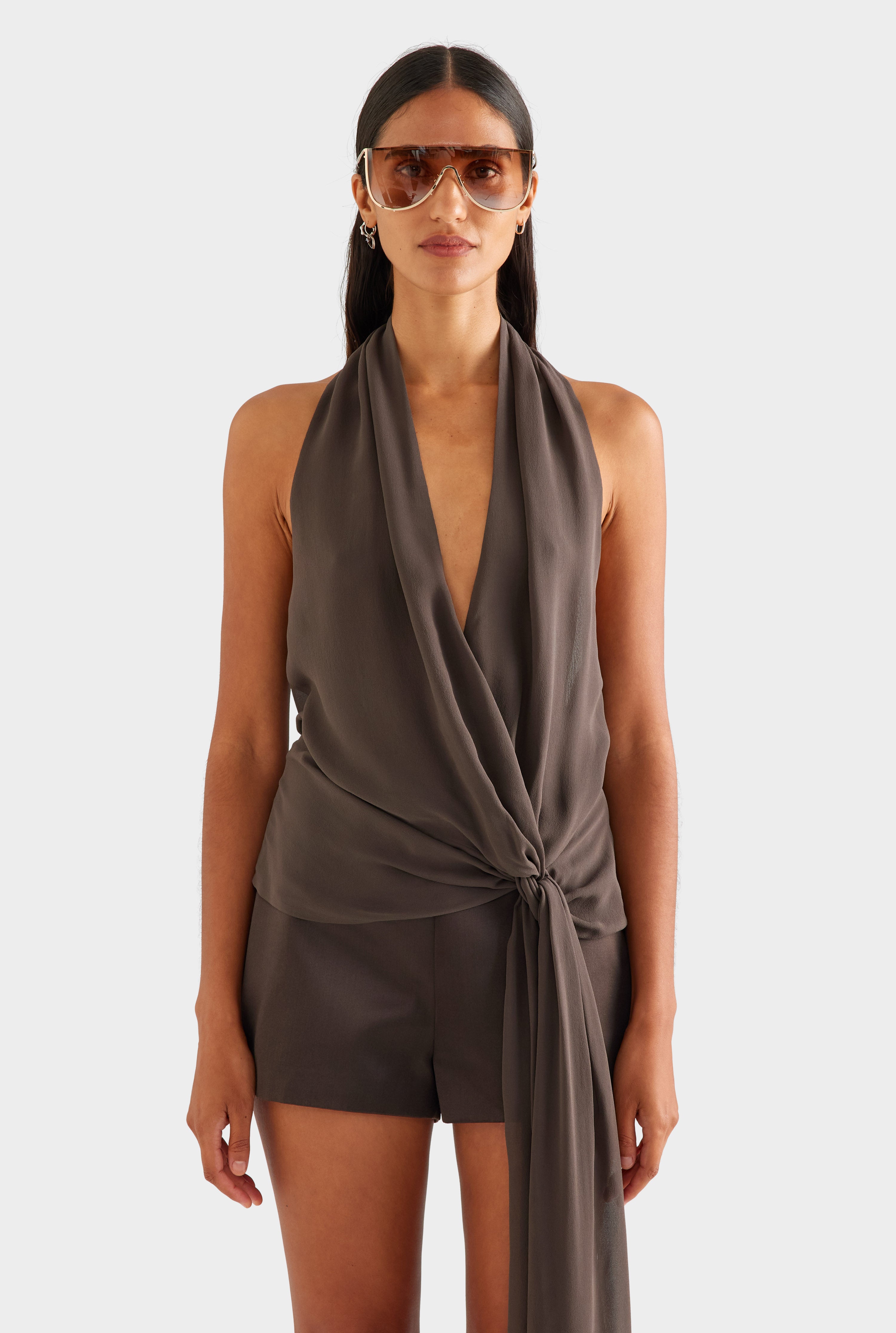 Silk Belted Draped Top - Cacao