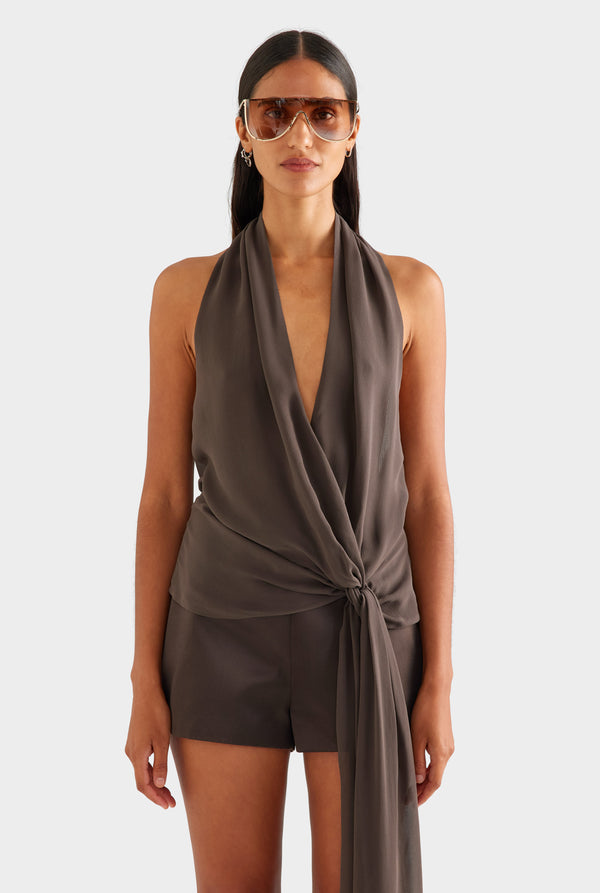 Silk Belted Draped Top - Cacao