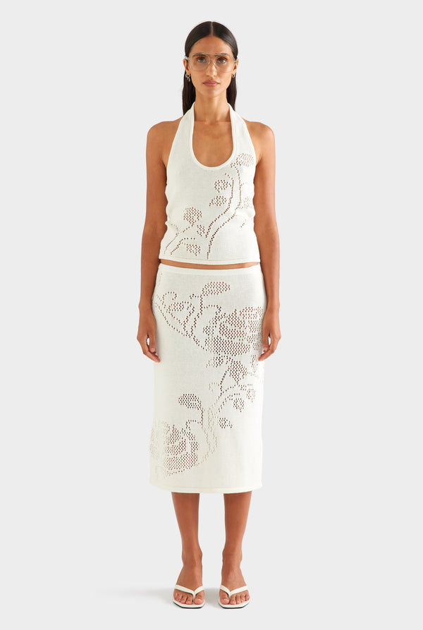 Floral Pointelle Cotton Knit Skirt - Off White