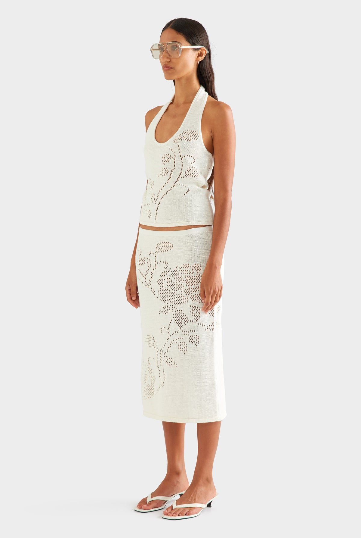 Floral Pointelle Cotton Knit Top - Off White