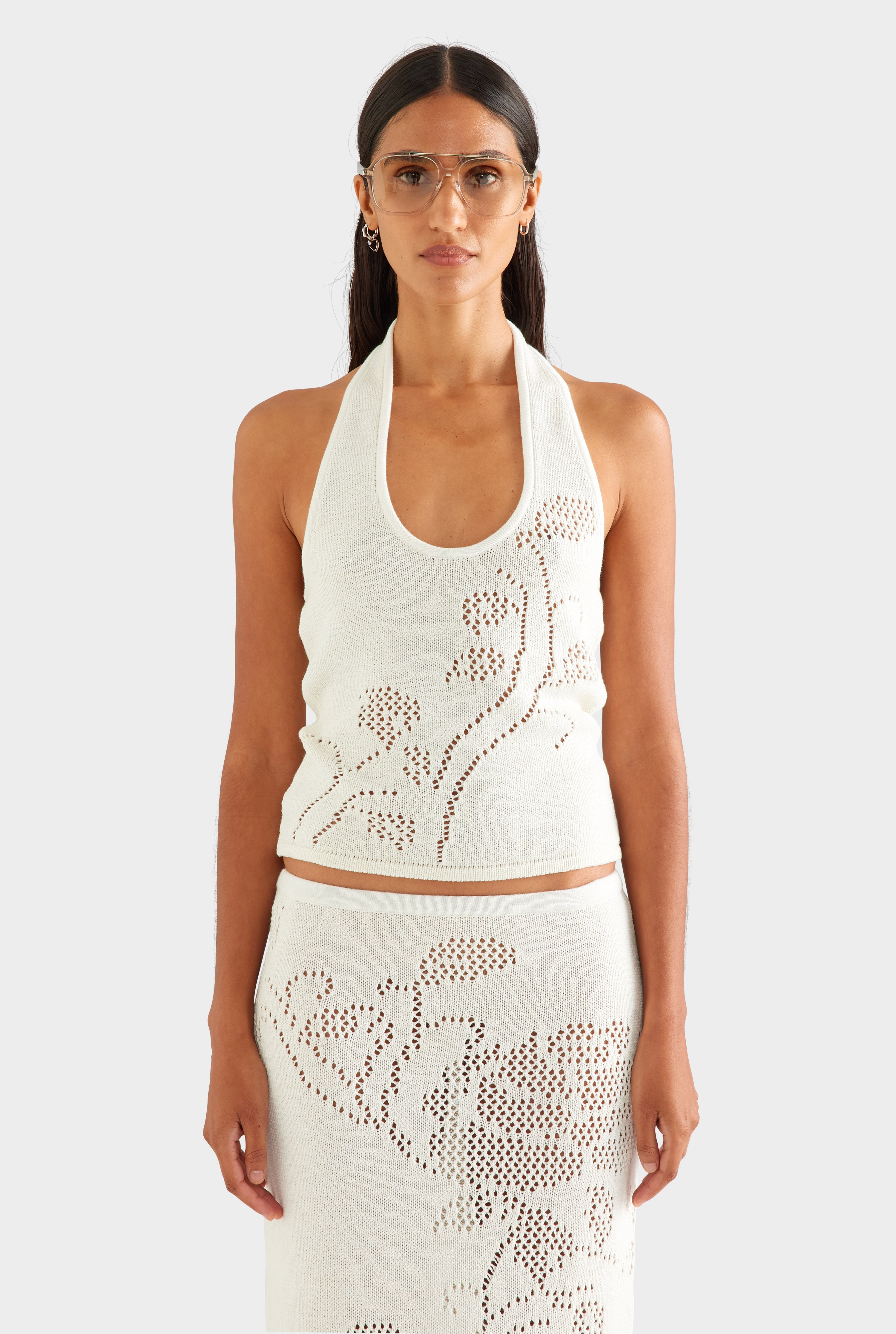 Floral Pointelle Cotton Knit Top - Off White