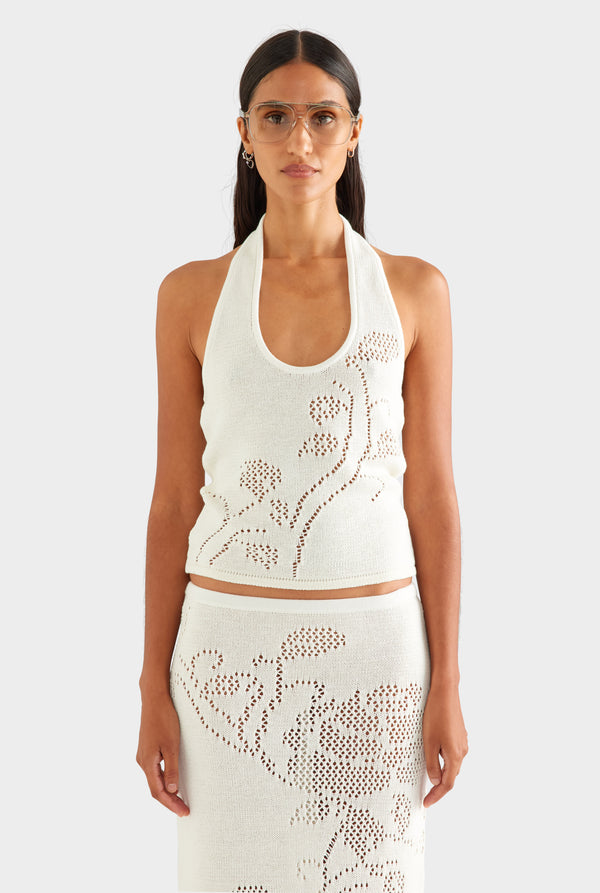 Floral Pointelle Cotton Knit Top - Off White