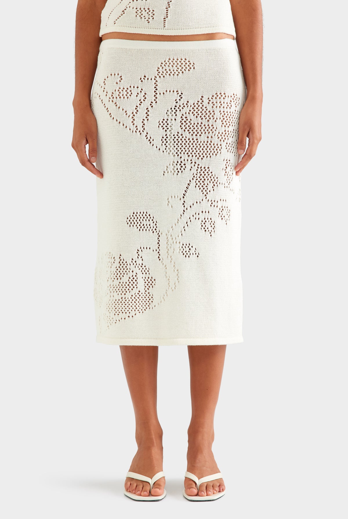 Floral Pointelle Cotton Knit Skirt - Off White