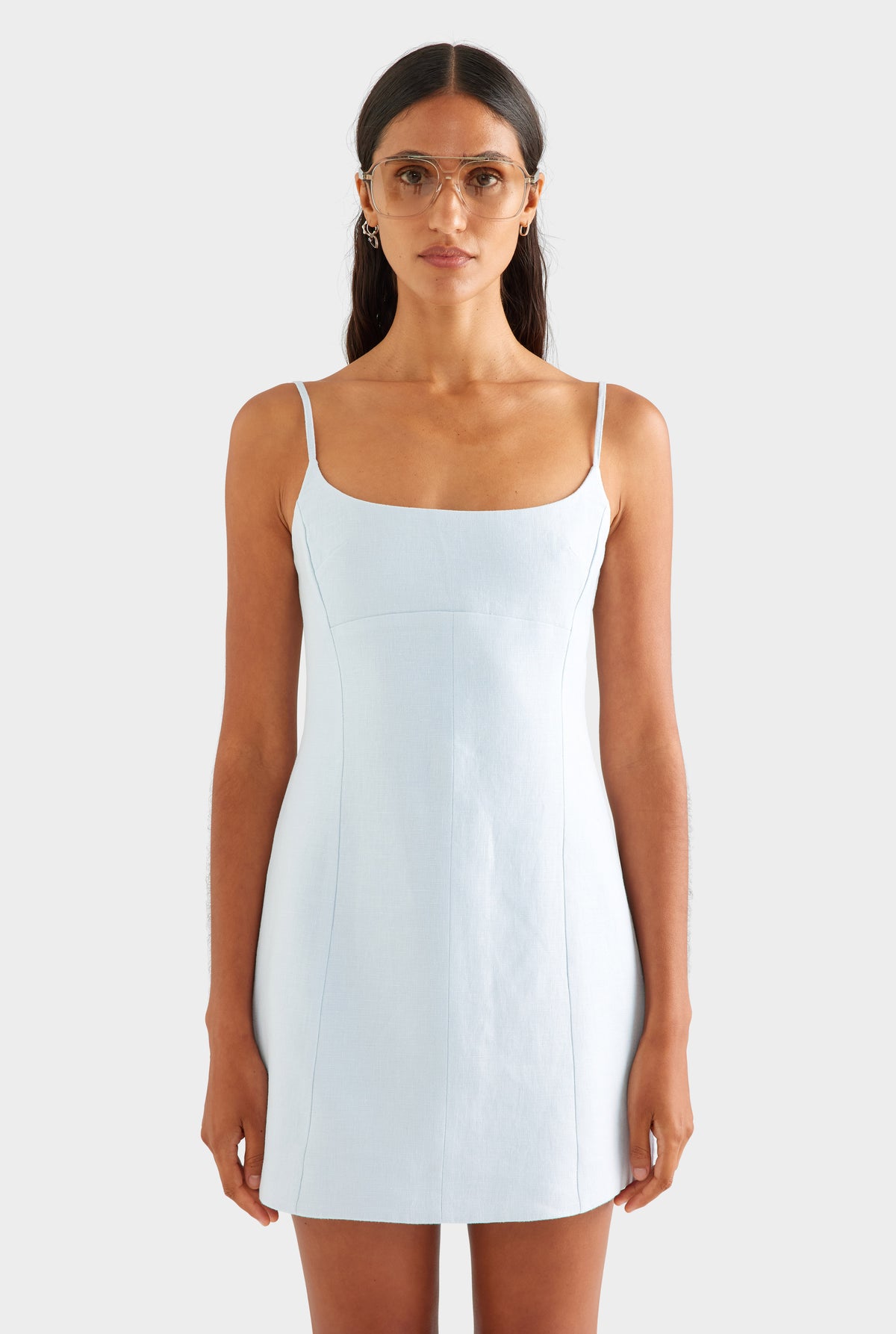 Linen Panelled Mini Dress - Ice Blue
