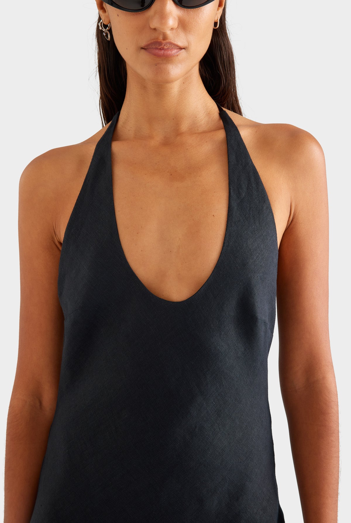 Bias Halter Linen Maxi Dress - Black