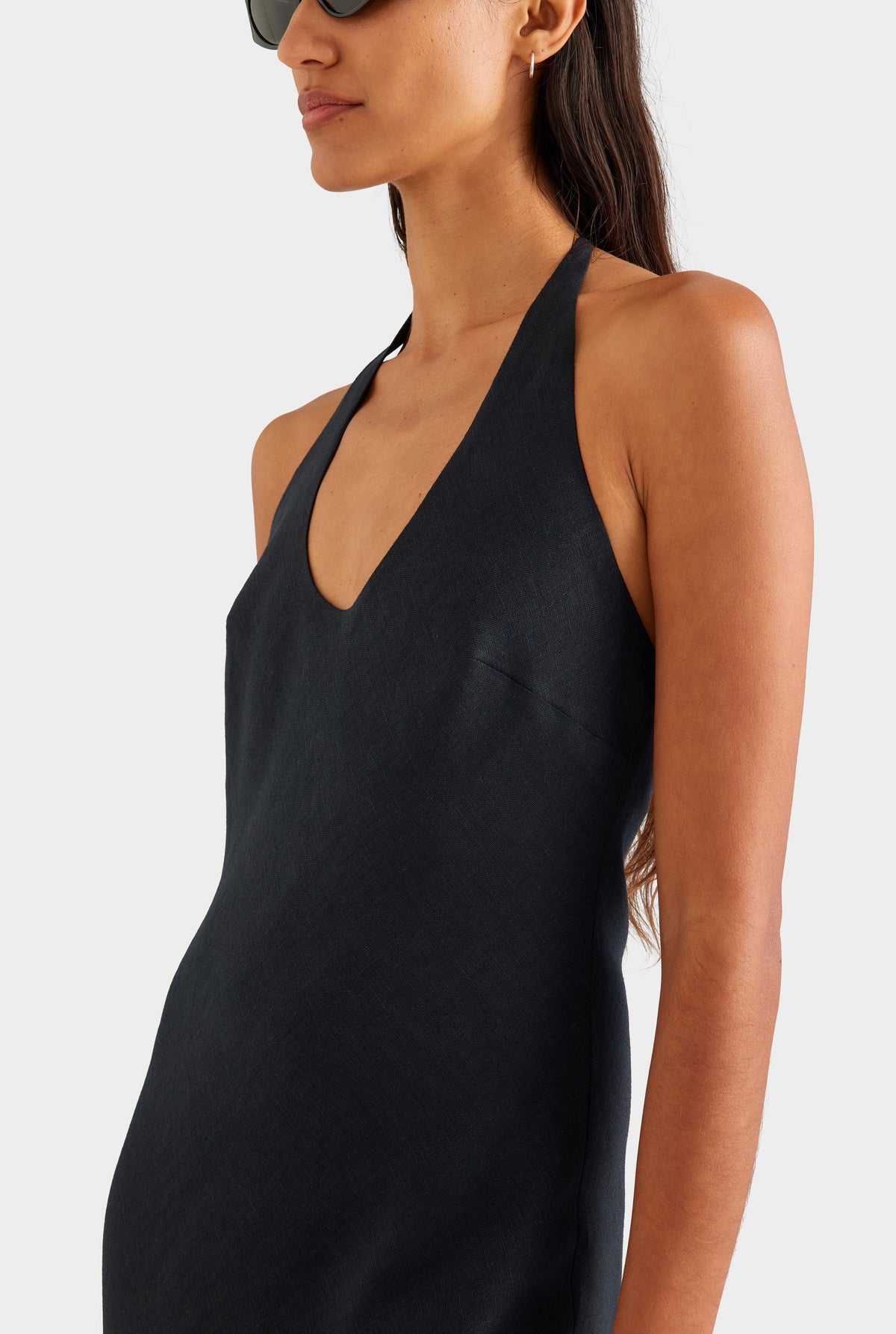 Bias Halter Linen Maxi Dress - Black