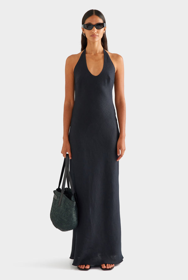 Bias Halter Linen Maxi Dress - Black