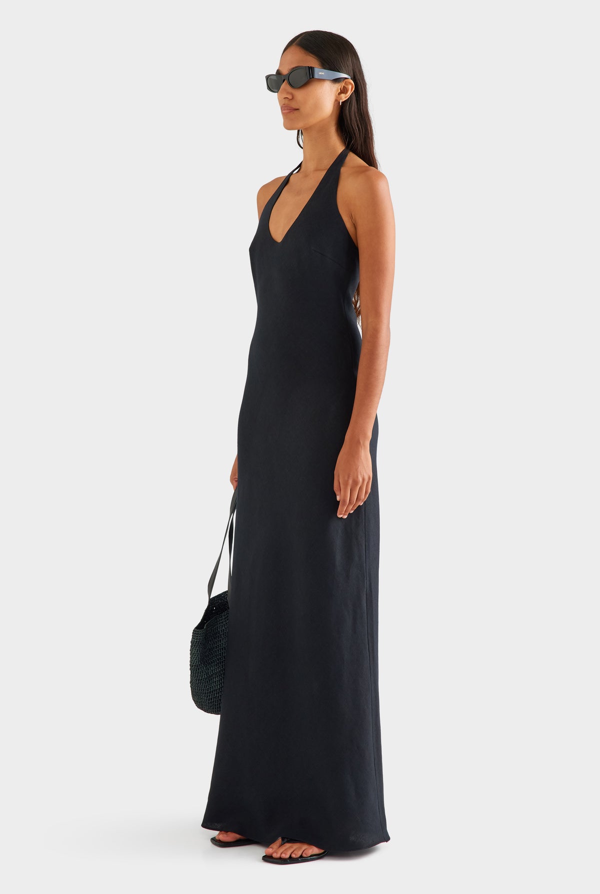 Bias Halter Linen Maxi Dress - Black