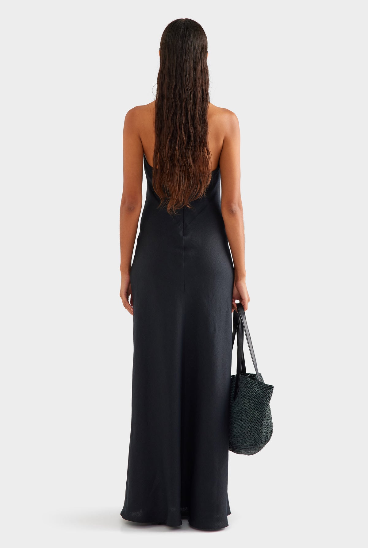 Bias Halter Linen Maxi Dress - Black
