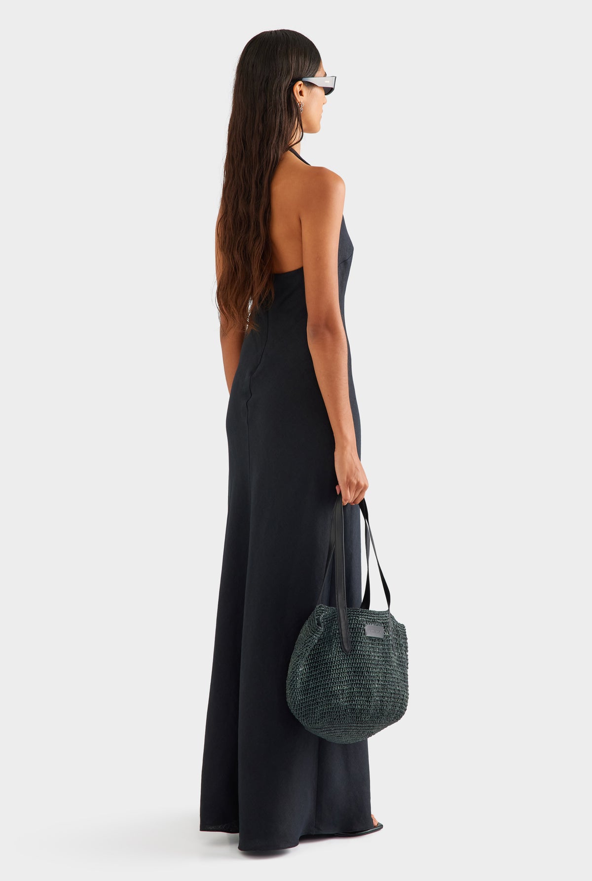 Bias Halter Linen Maxi Dress - Black