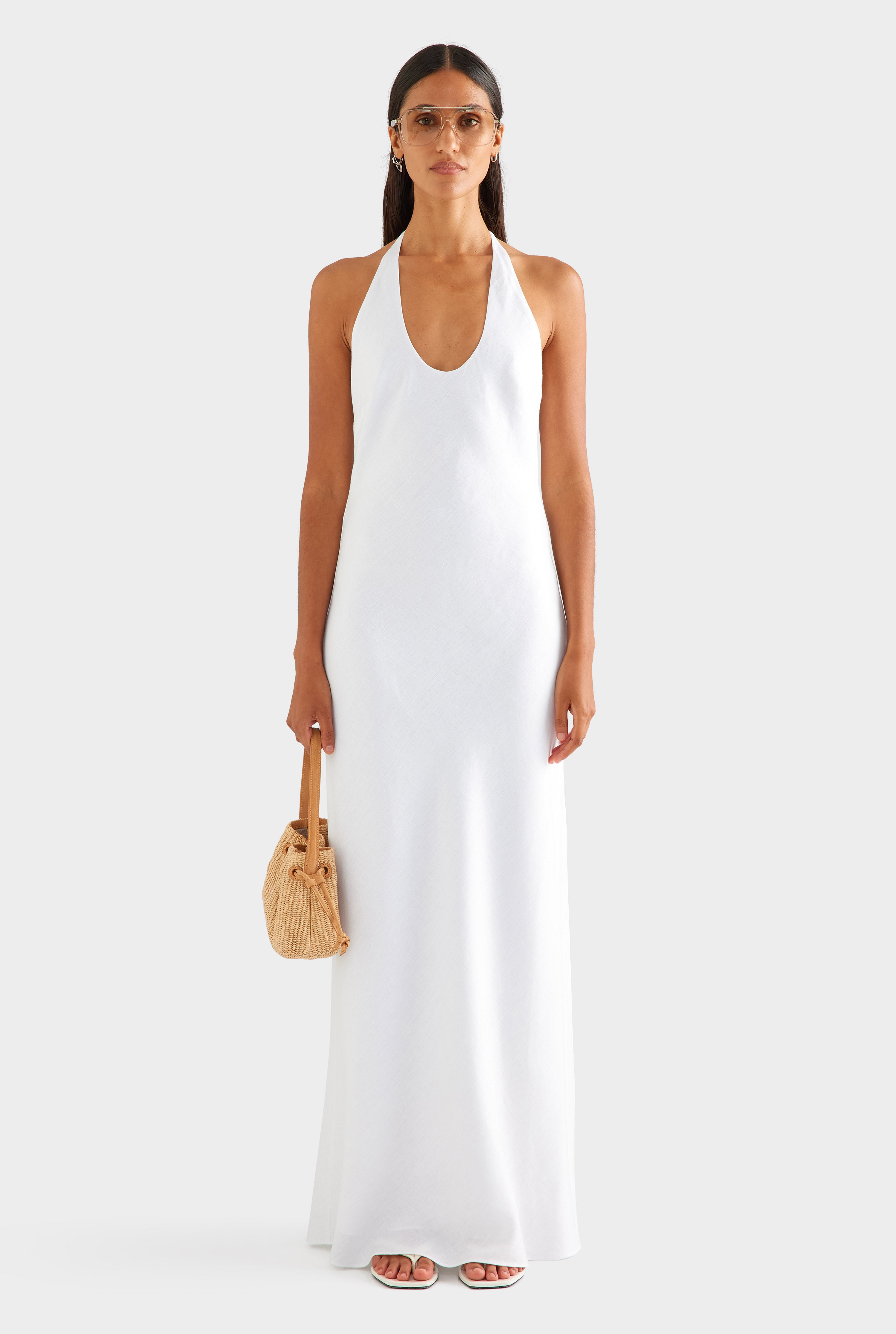 Bias Halter Linen Maxi Dress - White