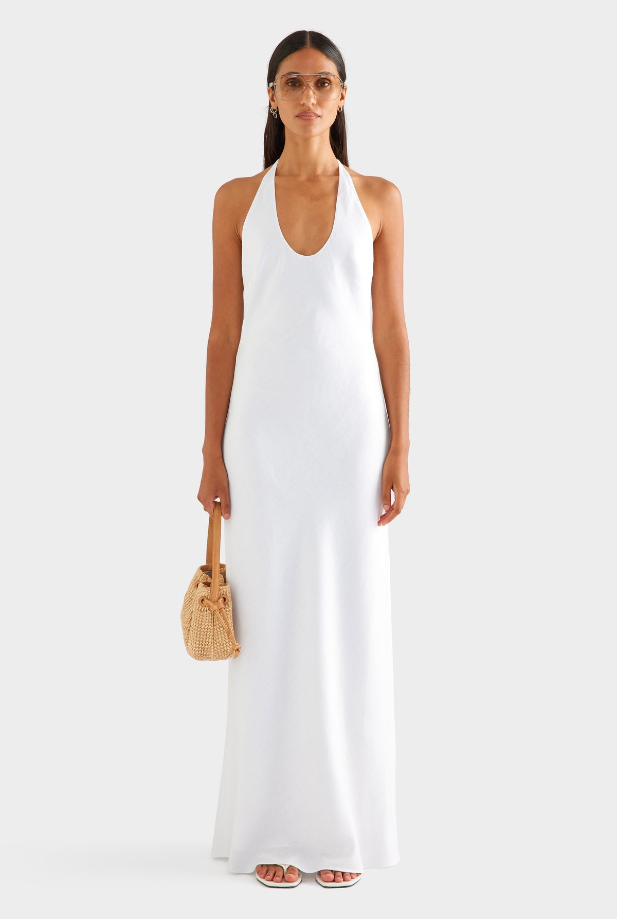 Bias Halter Linen Maxi Dress - White