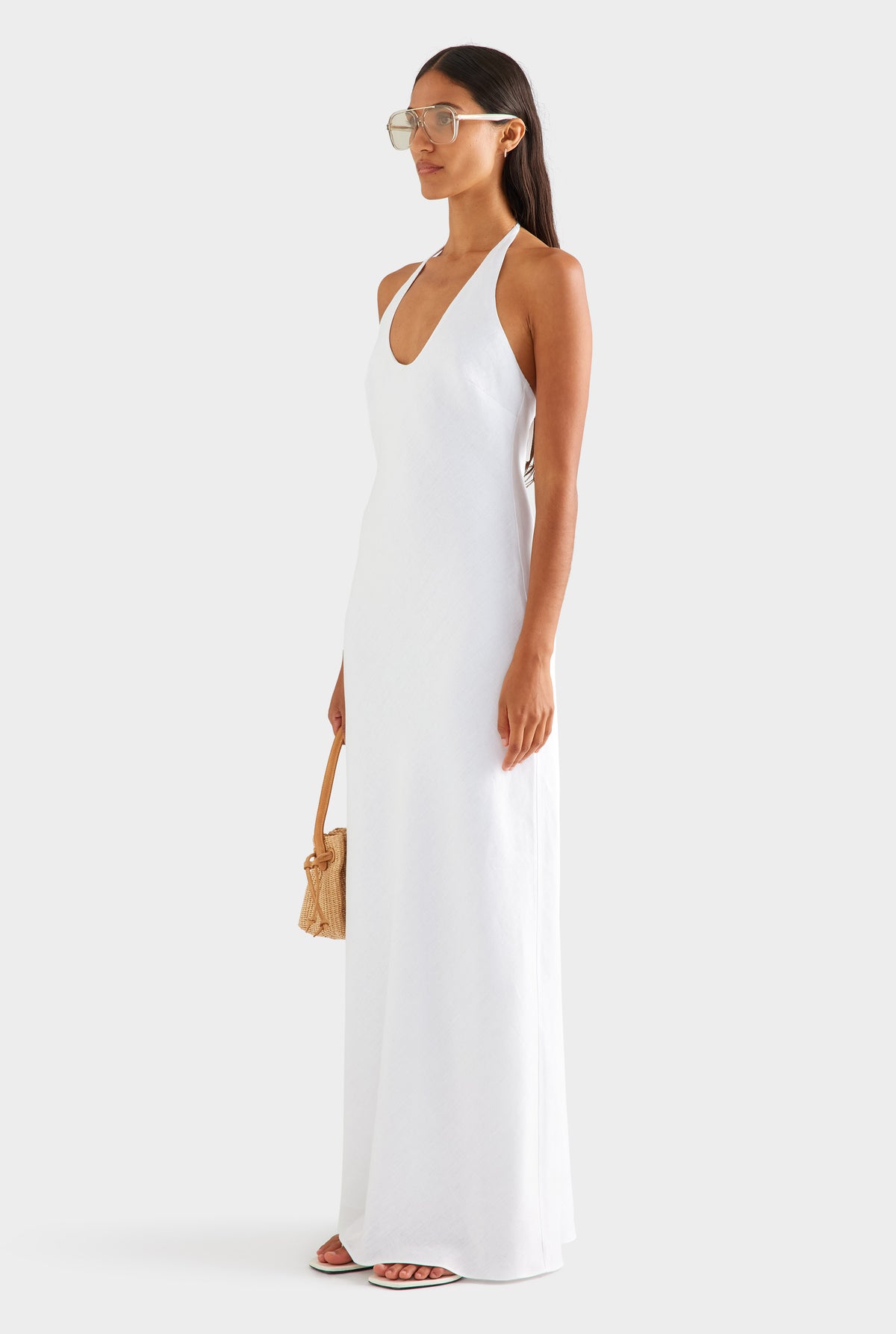 Bias Halter Linen Maxi Dress - White
