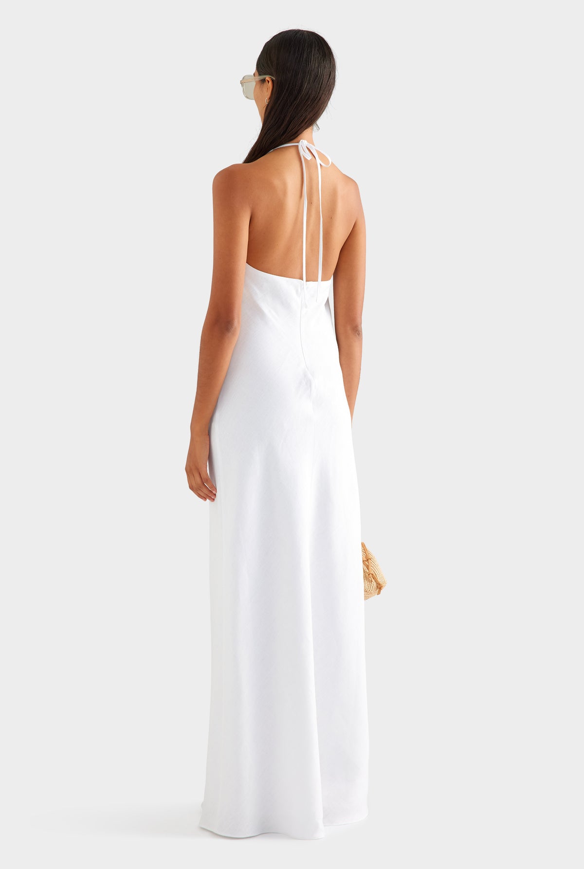 Bias Halter Linen Maxi Dress - White