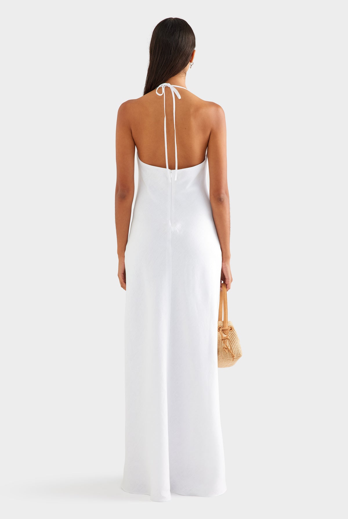 Bias Halter Linen Maxi Dress - White