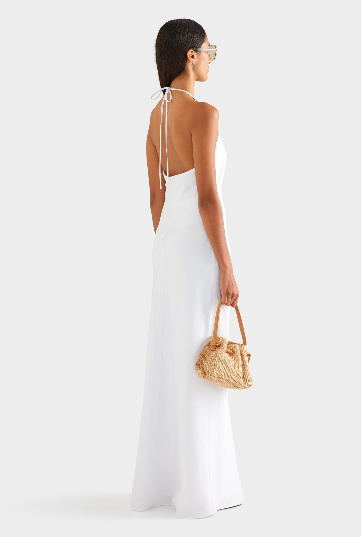 Bias Halter Linen Maxi Dress - White