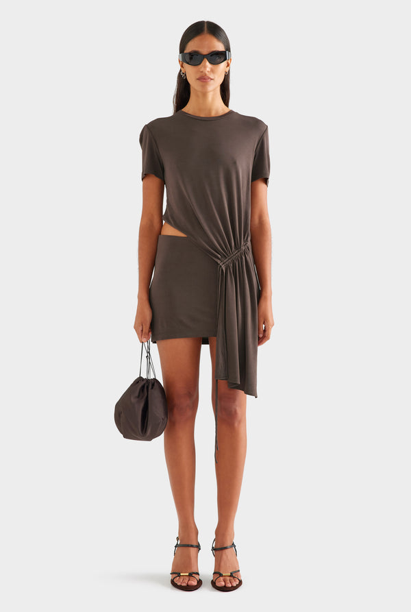 Drawstring Sash Mini Dress - Cacao
