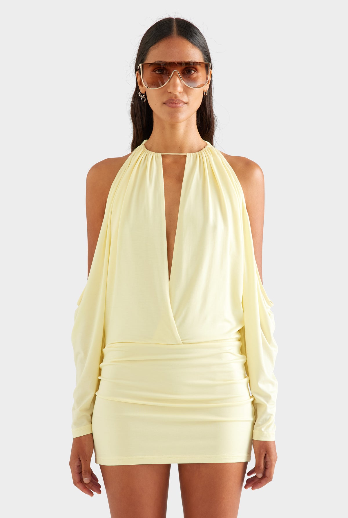 Draped Sleeve Mini Dress - Pastel Yellow