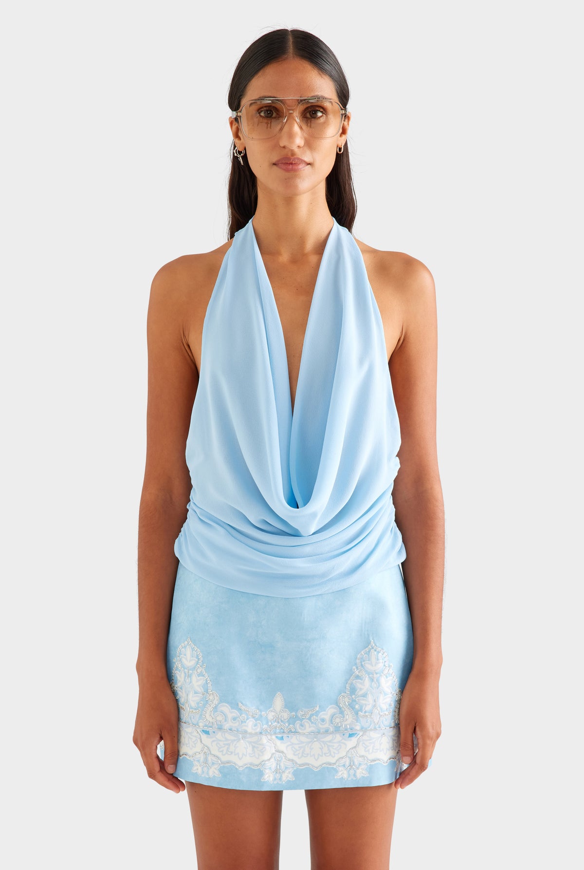 Deep Cowl Sheer Silk Halter - Sky Blue [[SU26 - WOMENS - D2 - 42027 - Deep Cowl Sheer Silk Halter - Sky Blue - 48011 - Beaded Silk Mini Skirt - Sky Blue Tapestry_0376_R.jpg]]