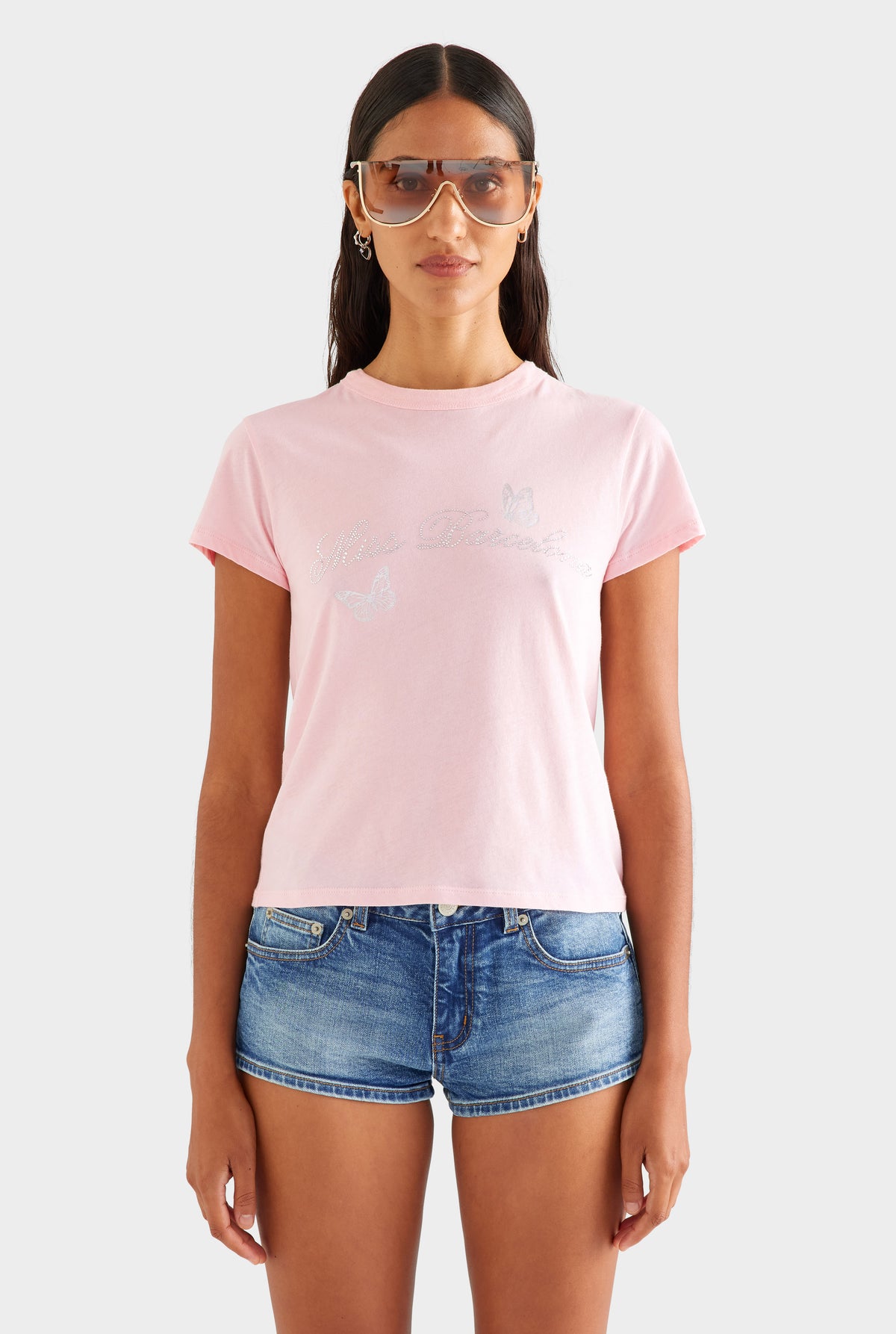 Lightweight Cotton Baby Tee - Pink/Miss Barcelona [[SU26 - WOMENS - D2 - 42133 - Lightweight Cotton Baby Tee - Pink Miss Barcelona - 44059 - Low Rise Denim MIni Short - Vintage Mid Indigo_0130.jpg]]