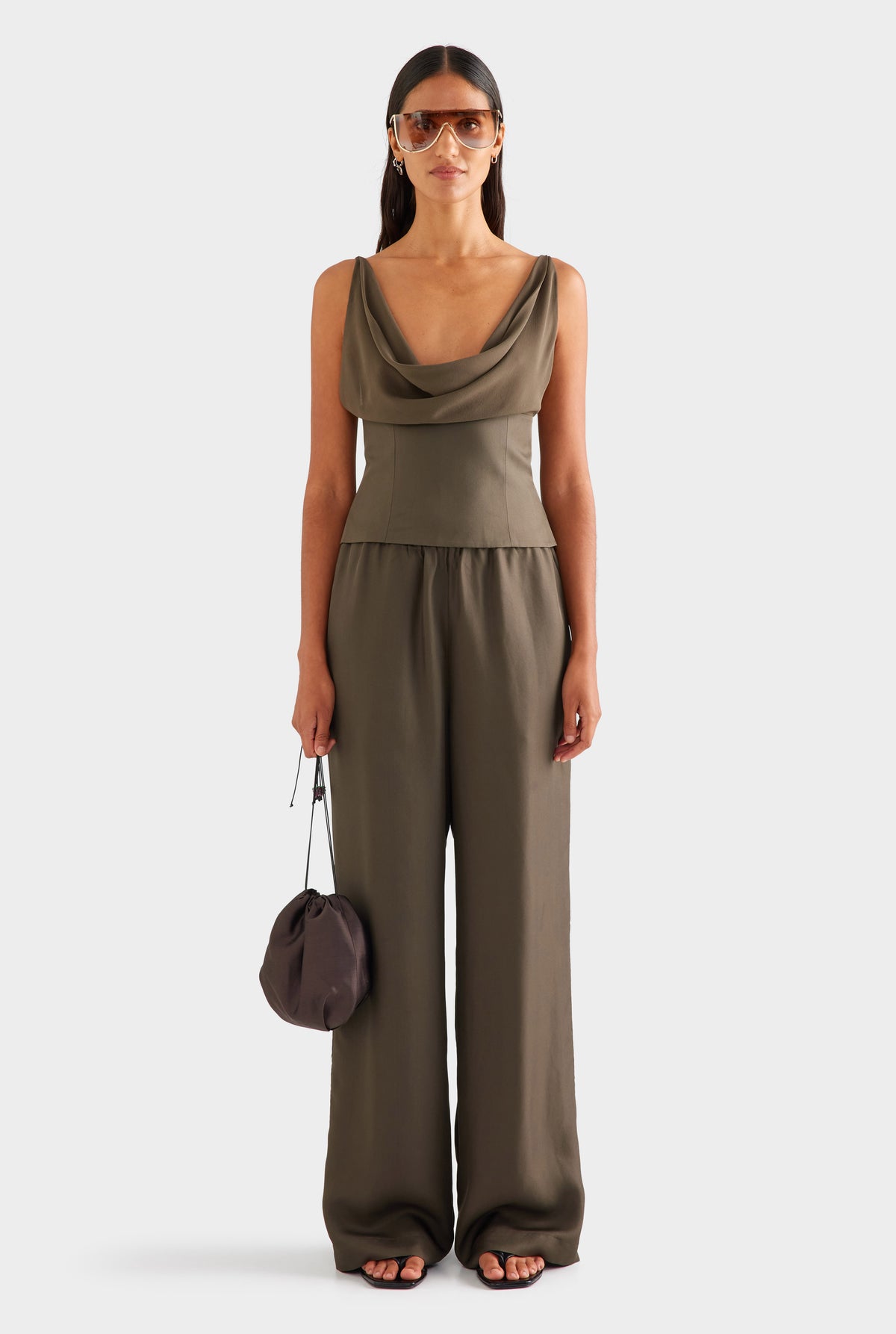 Silk Cowl Bustier - Dark Olive [[SU26 - WOMENS - D2 - 42134 - Silk Cowl Bustier - Dark Olive - 15087 - Silk Relaxed Pant - Dark Olive_0319.jpg]]