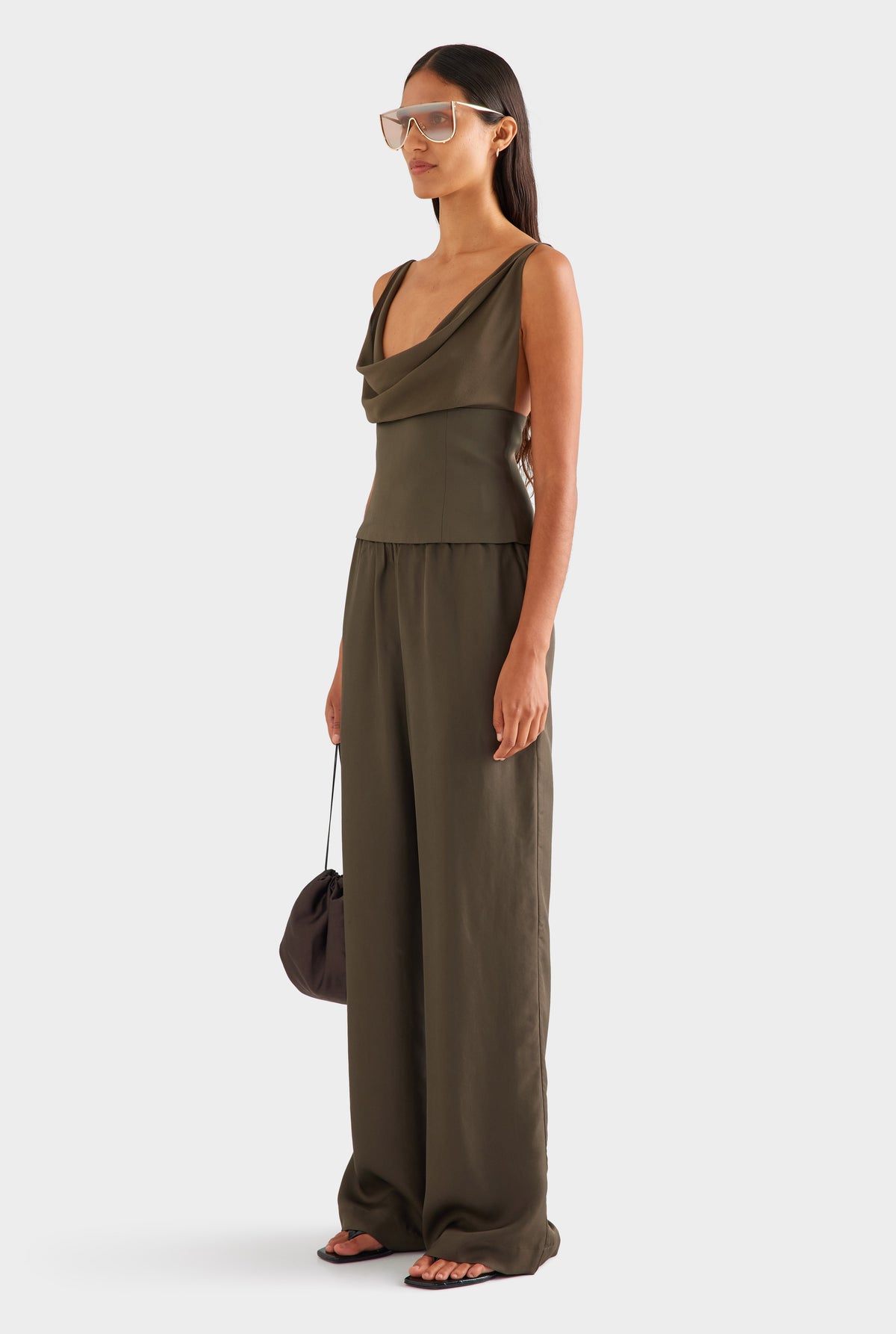 Silk Cowl Bustier - Dark Olive [[SU26 - WOMENS - D2 - 42134 - Silk Cowl Bustier - Dark Olive - 15087 - Silk Relaxed Pant - Dark Olive_0320.jpg]]