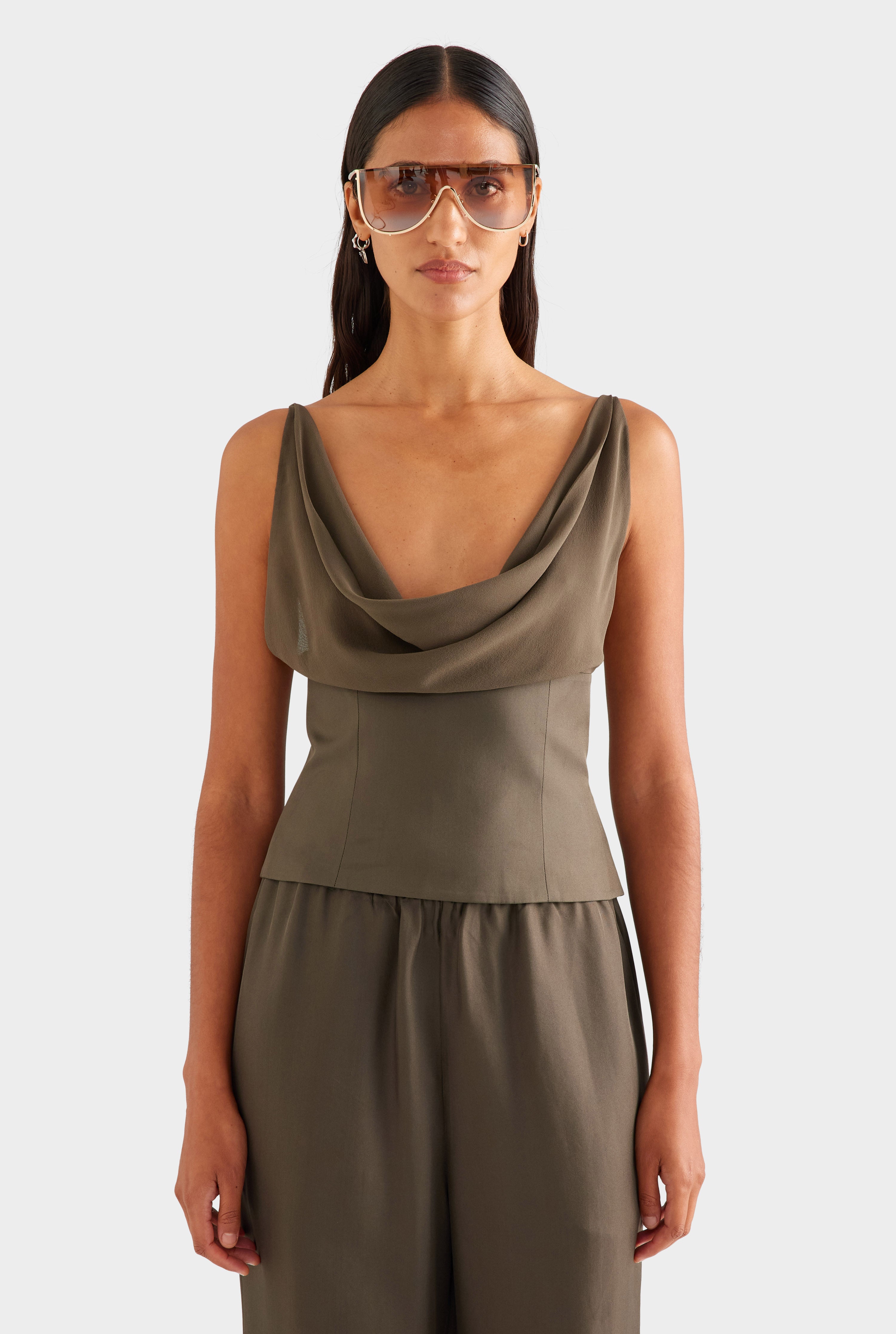 Silk Cowl Bustier - Dark Olive [[SU26 - WOMENS - D2 - 42134 - Silk Cowl Bustier - Dark Olive - 15087 - Silk Relaxed Pant - Dark Olive_0321.jpg]]