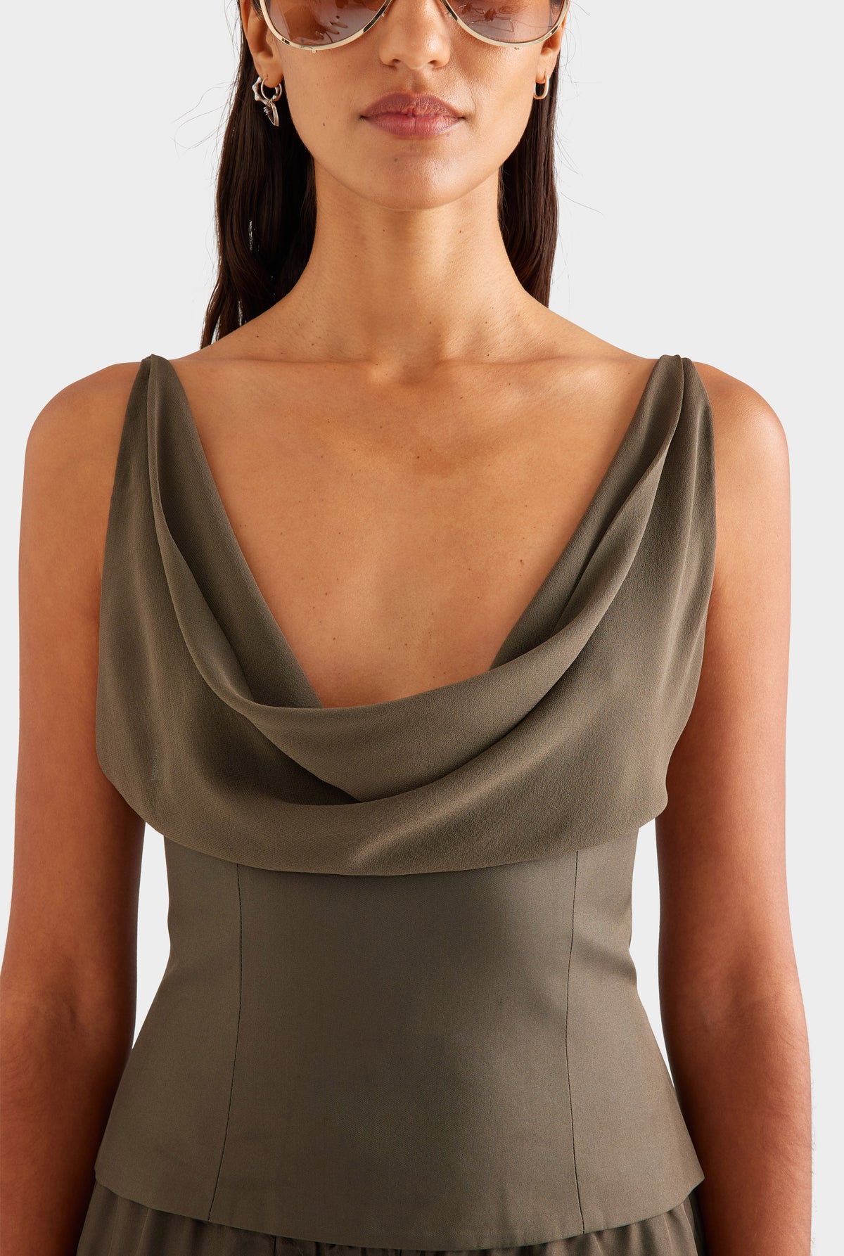 Silk Cowl Bustier - Dark Olive [[SU26 - WOMENS - D2 - 42134 - Silk Cowl Bustier - Dark Olive - 15087 - Silk Relaxed Pant - Dark Olive_0324 copy.jpg]]