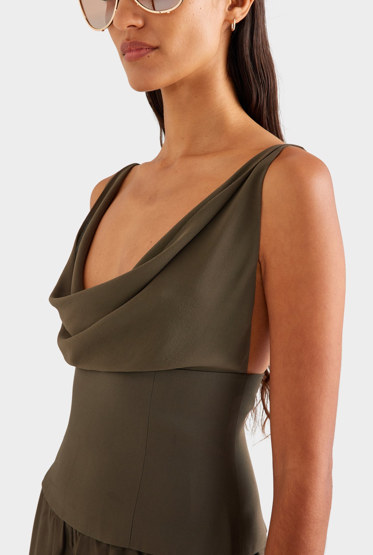 Silk Cowl Bustier - Dark Olive [[SU26 - WOMENS - D2 - 42134 - Silk Cowl Bustier - Dark Olive - 15087 - Silk Relaxed Pant - Dark Olive_0325 copy.jpg]]