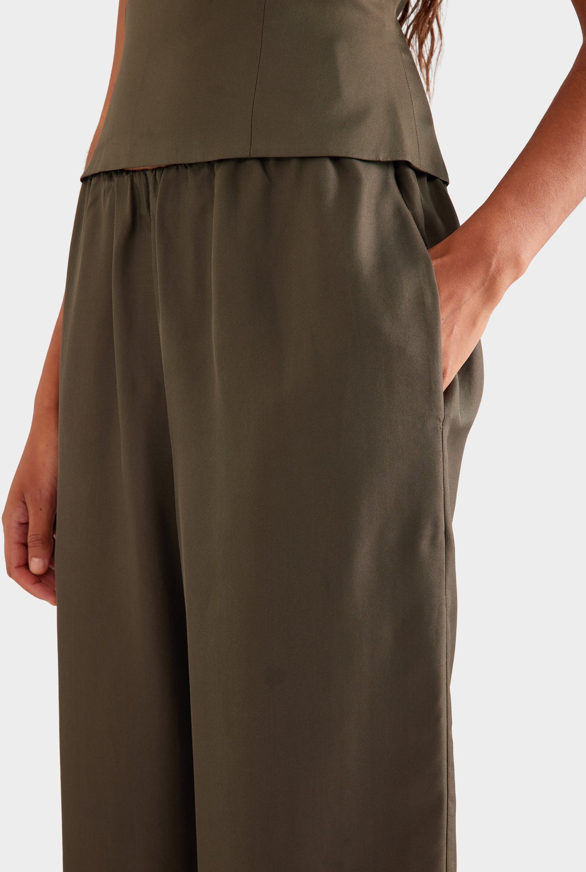 Silk Cowl Bustier - Dark Olive [[SU26 - WOMENS - D2 - 42134 - Silk Cowl Bustier - Dark Olive - 15087 - Silk Relaxed Pant - Dark Olive_0326.jpg]]