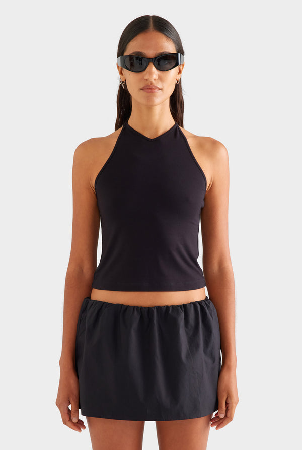 High V Neck Halter Tank - Black [[SU26 - WOMENS - D2 - 42184 - High V Neck Halter Tank - Black - 44050 - Cotton Elasticated Skort - Black_0080.jpg]]