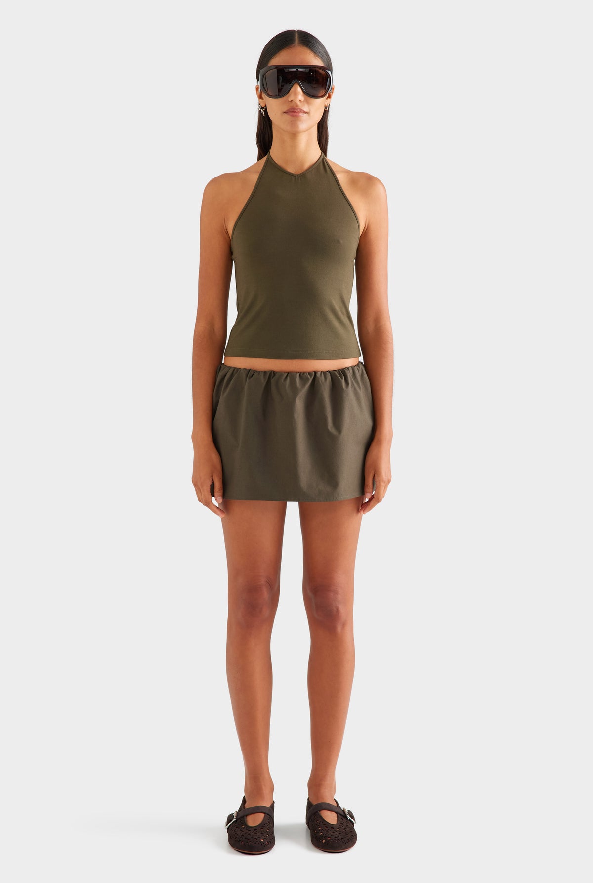 High V Neck Halter Tank - Dark Olive [[SU26 - WOMENS - D2 - 42184 - High V Neck Halter Tank - Dark Olive - 44050 - Cotton Elasticated Skort - Dark Olive_0345.jpg]]