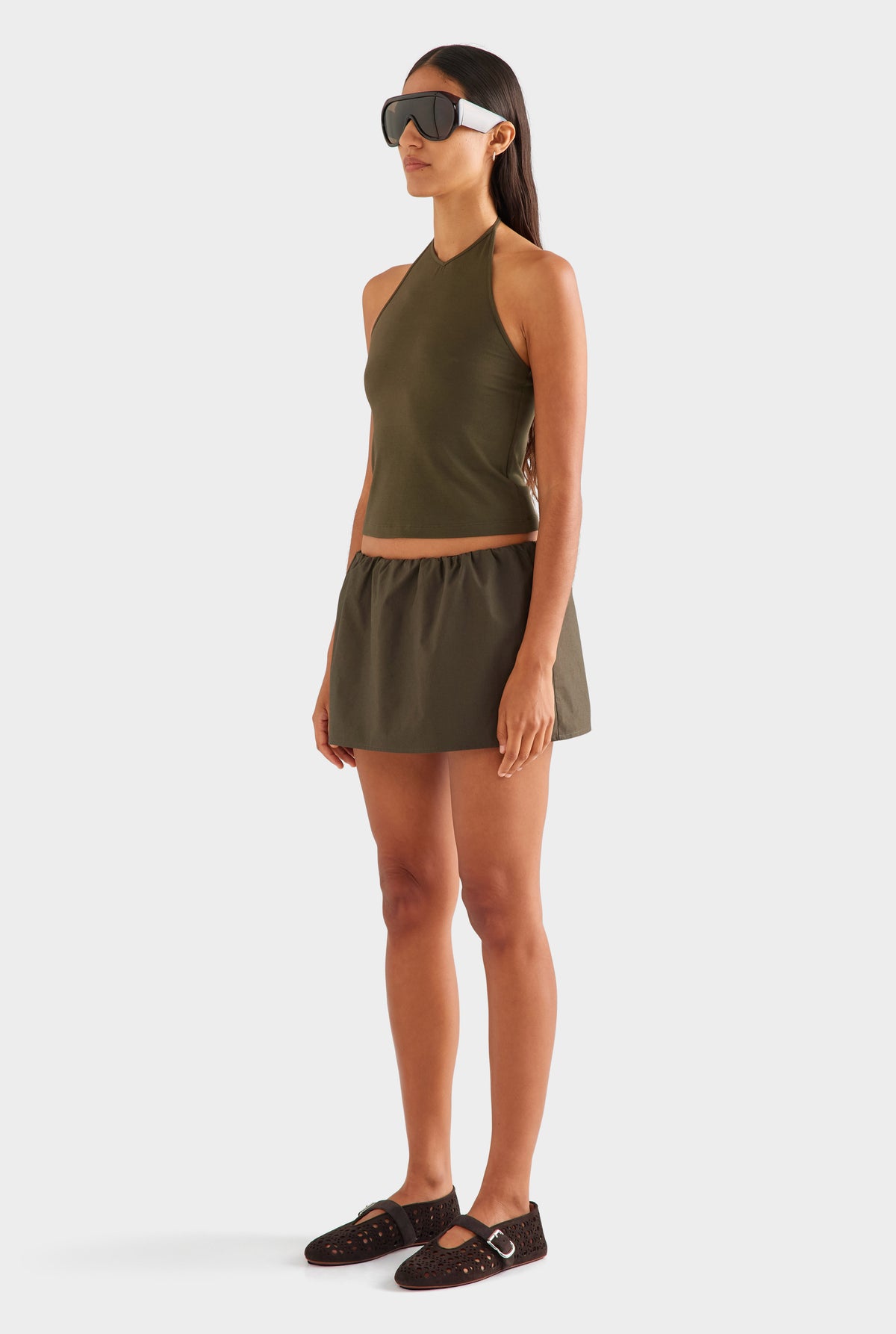Cotton Elasticated Skort - Dark Olive [[SU26 - WOMENS - D2 - 42184 - High V Neck Halter Tank - Dark Olive - 44050 - Cotton Elasticated Skort - Dark Olive_0346.jpg]]